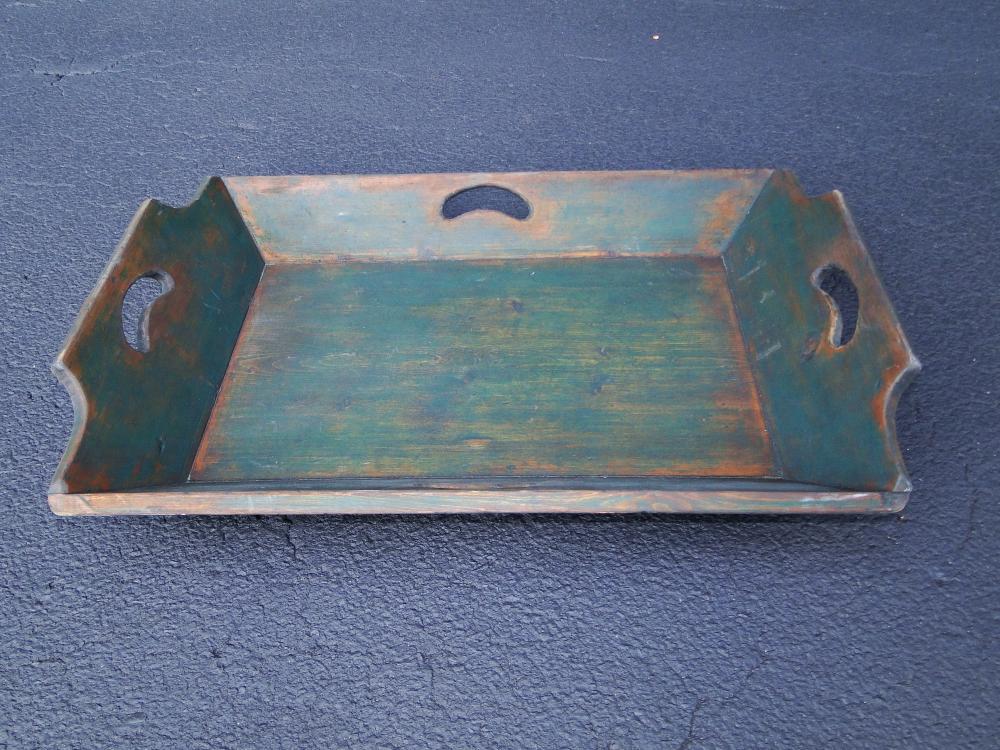 19TH C PAINTED APPLE TRAY: 19TH C PAINTED APPLE TRAY, OLD GREEN PAINT, CARVED HANDLES, 25 X 16 X 5