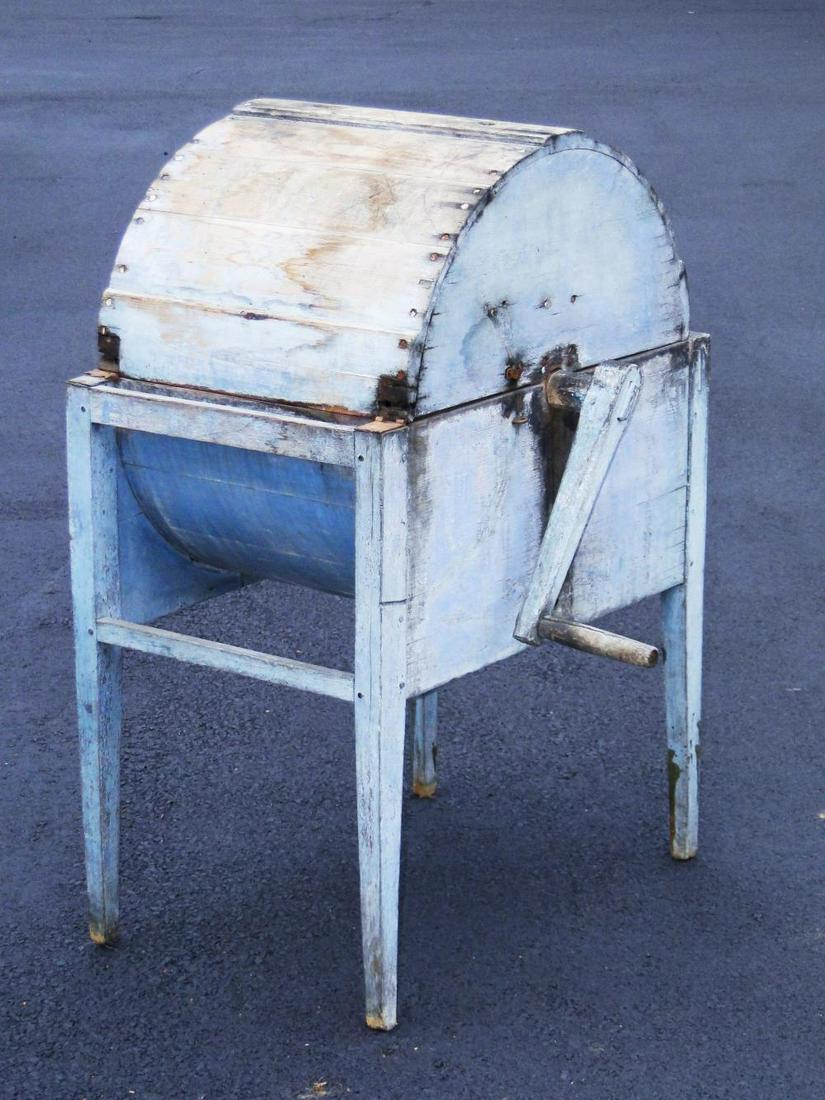 19TH C BLUE PAINTED PRIMITIVE BUTTER CHURN: 19TH C BLUE PAINTED PRIMITIVE FARMERS BUTTER CHURN COMPLETE WITH INTERIOR WORKINGS, ORIGINAL BLUE PAINT, 41.5 X 28 X 19