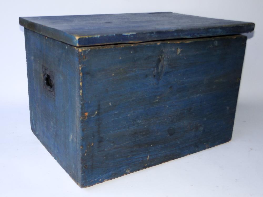 SMALL BLUEPAINTED LIQUOR BOX: SMALL BLUEPAINTED LIQUOR BOX, ORIGINAL BLUE PAINT, 14 X 19 X 13