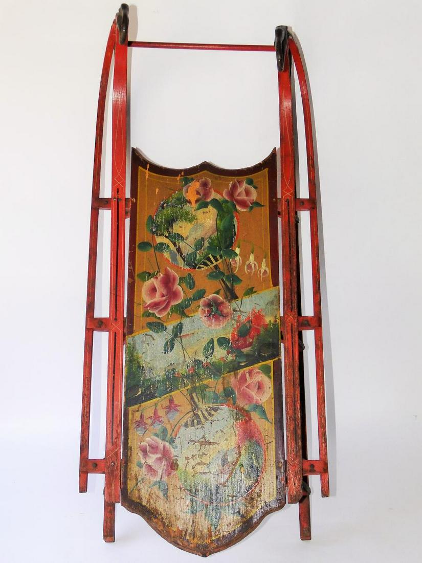 19TH C PAINT DECORATED SLED: 19TH C PAINT DECORATED SLED, ORIGINAL PAINT, 38 X 16