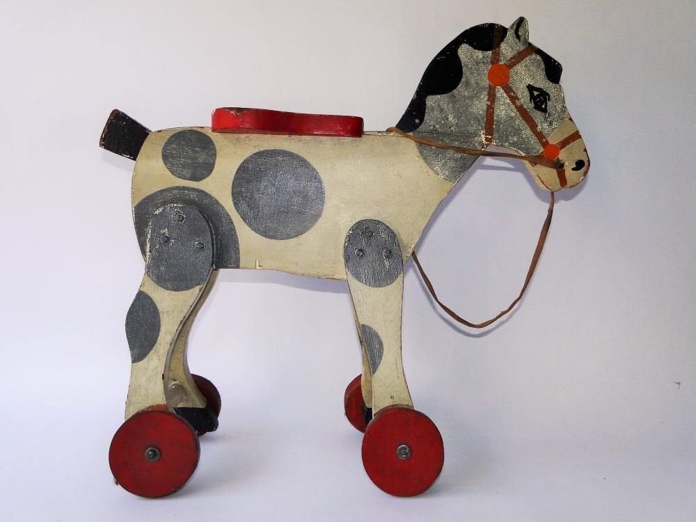 ANTIQUE RIDE ON WOODEN PONY: ANTIQUE RIDE ON WOODEN PONY, EXCELLENT ORIGINAL PAINT DECORATION, 17 X 19