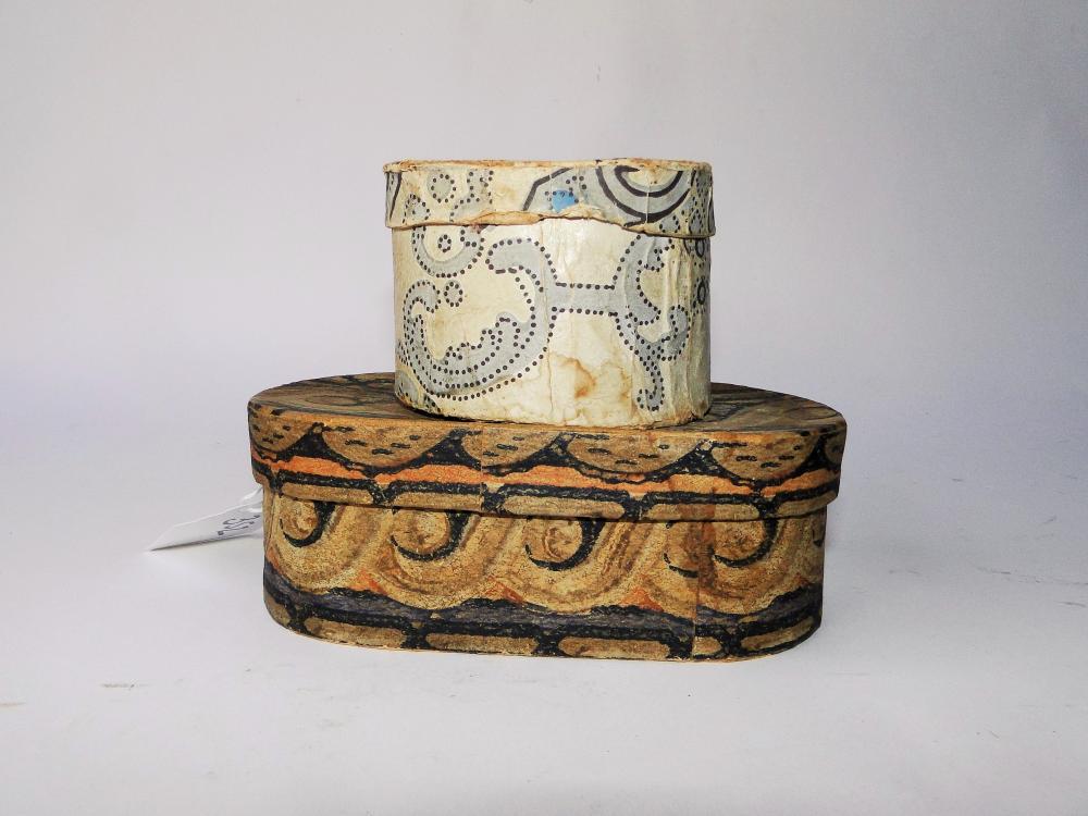 TWO SMALL 19TH C WALLPAPER BOXES: TWO SMALL 19TH C WALLPAPER BOXES, WITH COVERS, VERY GOOD CONDITION, 6 X 2 X 3, 3 X 7.5 X 2
