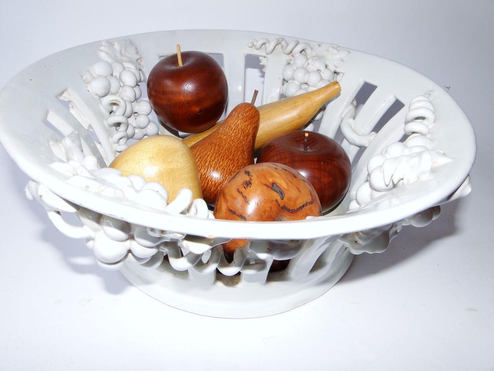 WHITE IRONSTONE RETICULATED BOWL W/ WOOD FRUIT: WHITE IRONSTONE RETICULATED BOWL SIGNED FRANCE, 5 X 12 W/ WOOD FRUIT