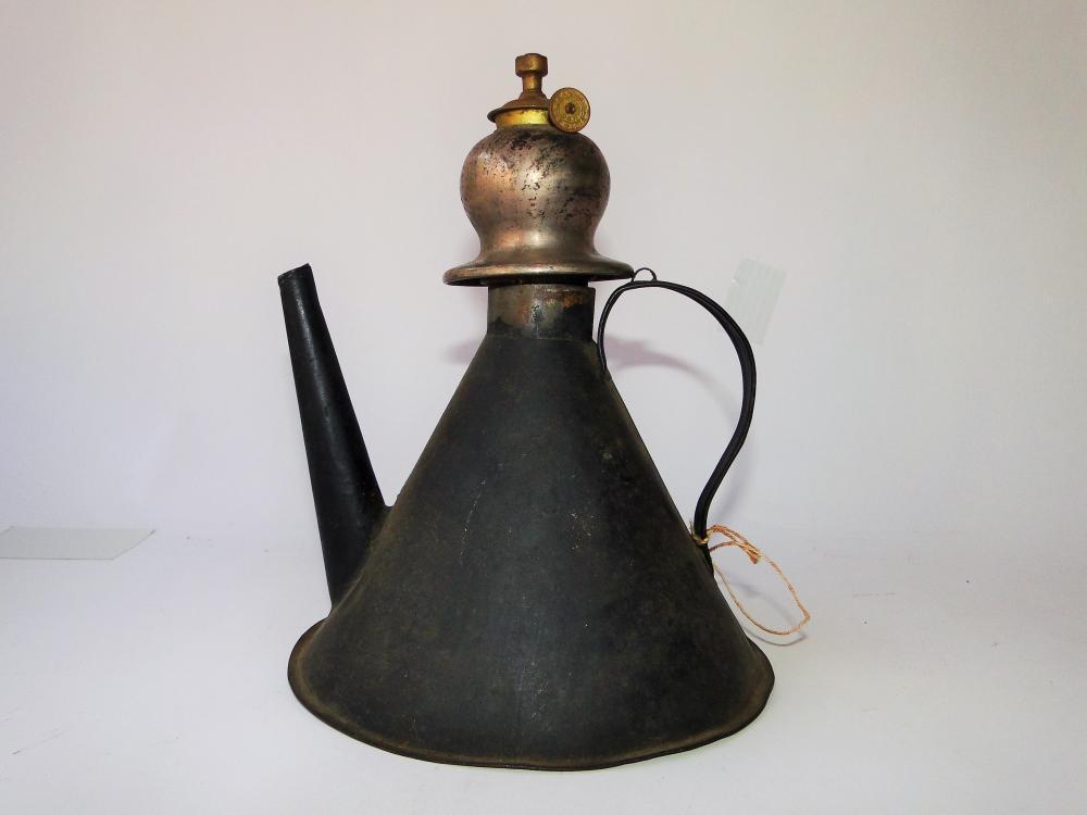 EARLY TIN OIL LAMP FILLER, CONICAL FORM, 9": EARLY TIN OIL LAMP FILLER, CONICAL FORM, BRASS FINIAL 9"