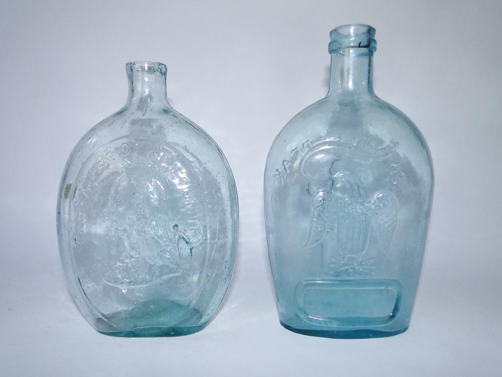 TWO EARLY BLUE GLASS FLASKS: TWO EARLY BLUE GLASS FLASKS, 7", 8"