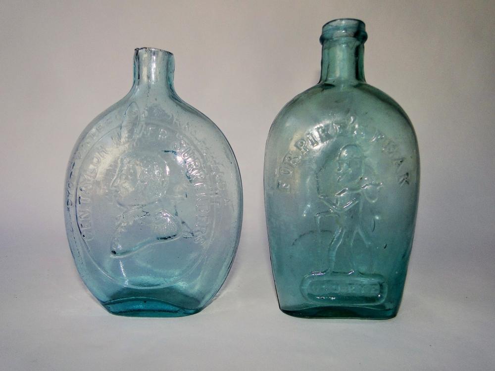 TWO EARLY BOTTLES, PIKES PEAK, WELLINGTON TAYLOR: TWO EARLY BOTTLES, PIKES PEAK, WELLINGTON TAYLOR, BLUE, 8", 9.5"