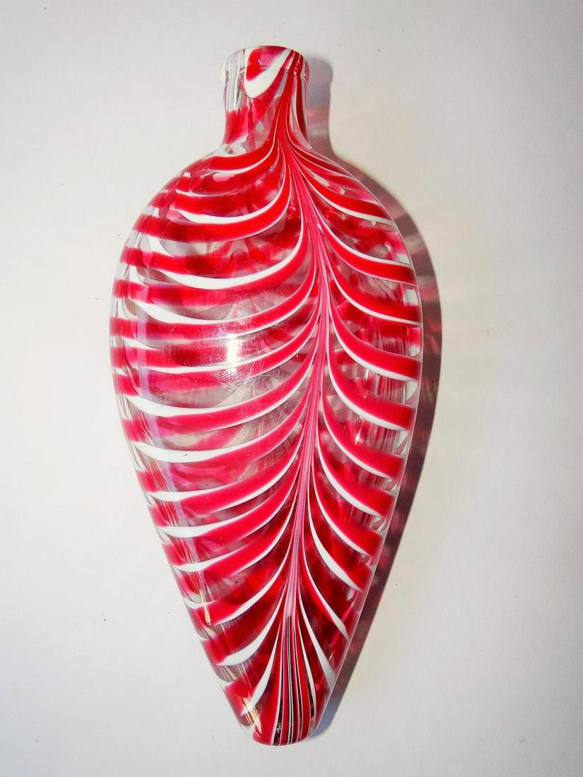 EARLY RED / WHITE MARBRIE DECORATED SWIRL FLASK: EARLY RED / WHITE MARBRIE DECORATED SWIRL FLASK, 8.5"