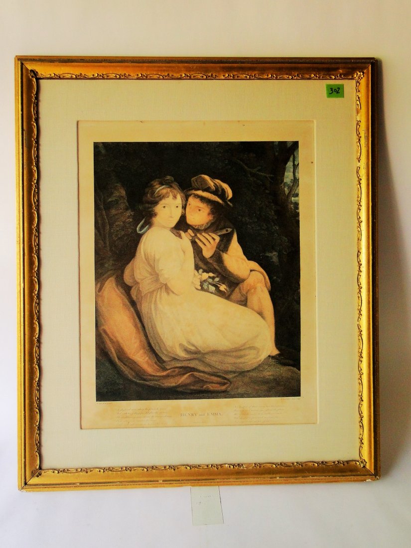 HAND COLORED ENGRAVING BY FRANCESCO BARTOLOZZI: HAND COLORED ENGRAVING BY FRANCESCO BARTOLOZZI OF A 1790 PAINTING BY J OPIC, "HENRY AND EMMA", 1790-1815, 16 X 21