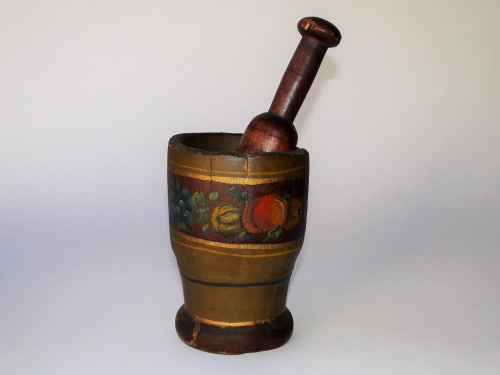 19TH C PAINT DECORATED MORTAR AND PESTLE (1 of 3)