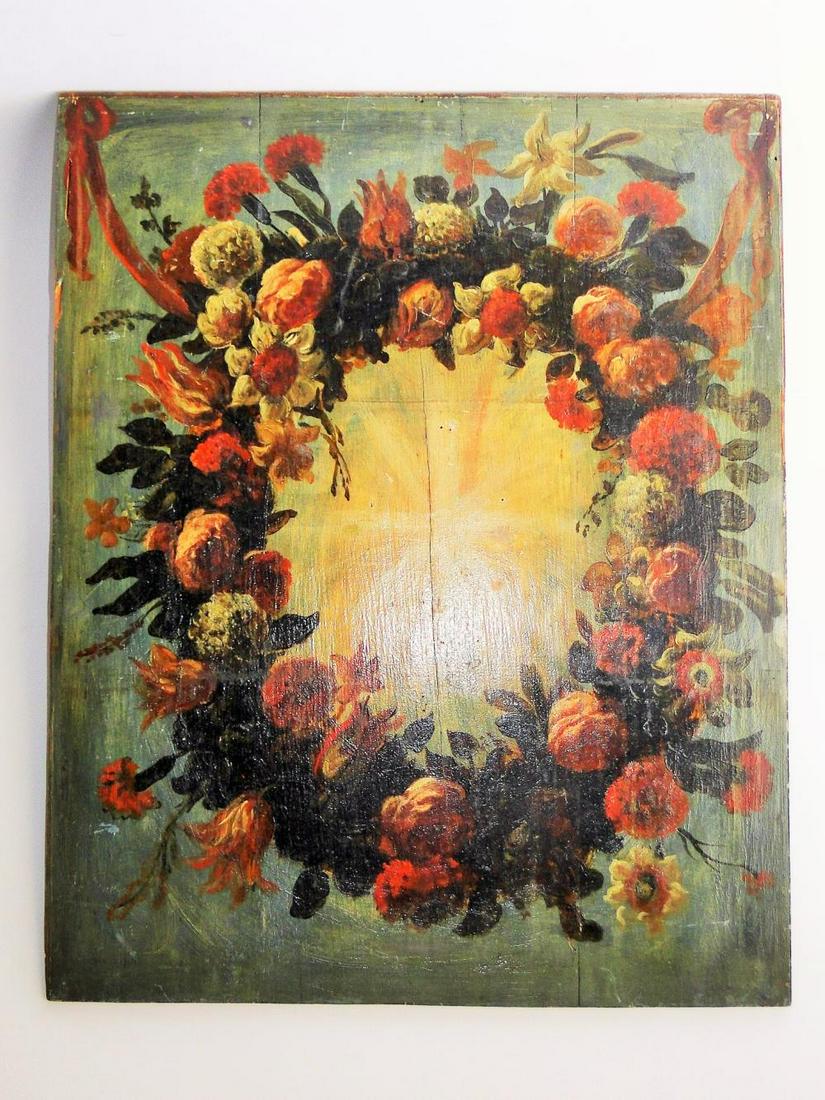 18TH C WOODEN FLORAL FIREBOARD: 18TH C WOODEN FLORAL PAINTED FIREBOARD WITH GREAT LIGHT, ALL ORIGINAL, 27 X 34