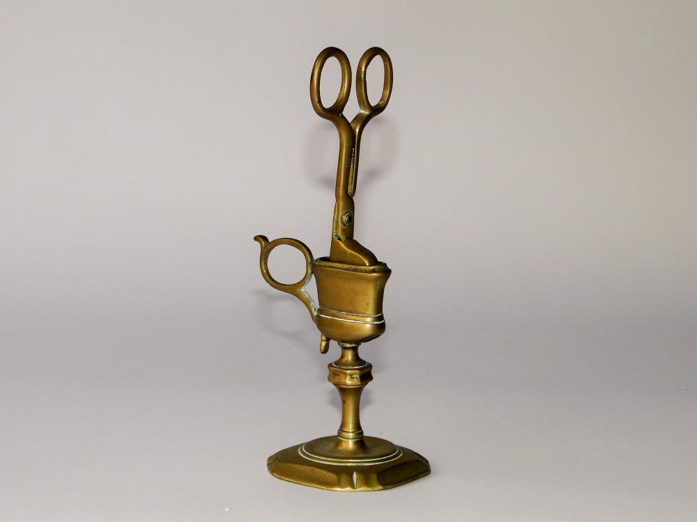 RARE 18TH C BRASS SNUFFER AND STAND (1 of 2)