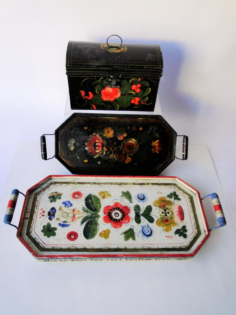 TWO DECORATIVE PAINTED TRAYS, TOLE BOX (1 of 2)