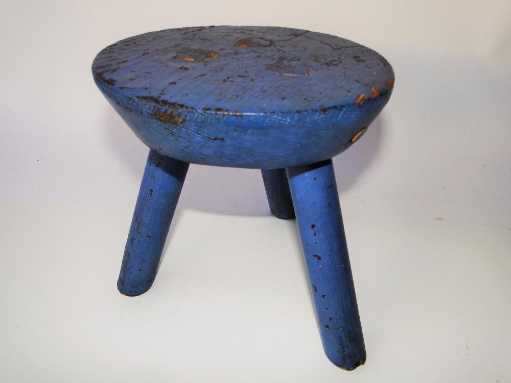 PRIMITIVE BLUE PAINTED STOOL (1 of 3)
