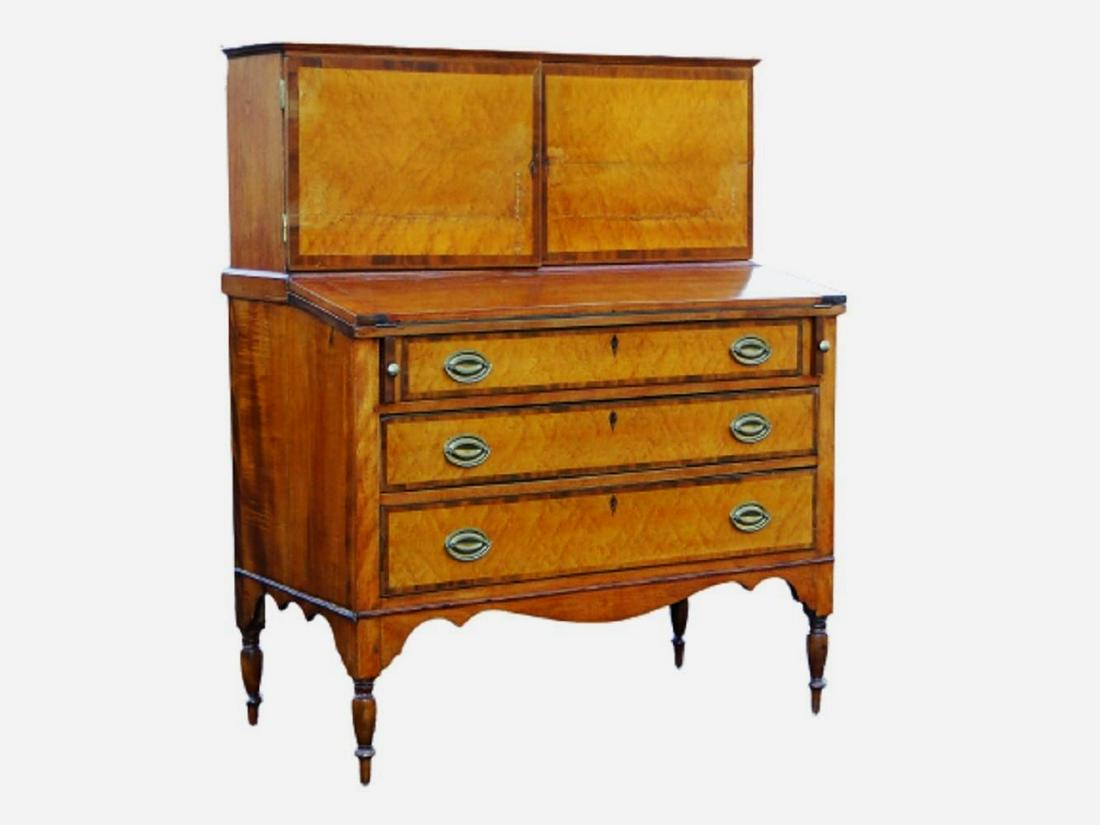 CIRCA 1785-1810 SHERATON PERIOD LADIES DESK, EASTERN,: CIRCA 1785-1810 SHERATON PERIOD LADIES DESK, EASTERN, MASSACHUSETTS, MAPLE, BIRCH WITH MAHOGANY AND BIRDSEYE MAPLE VENEER INLY, PINE SECONDARY, TWO PIECES, INTERIOR BANK OF DRAWERS, COMPARTMENTS, DOVE