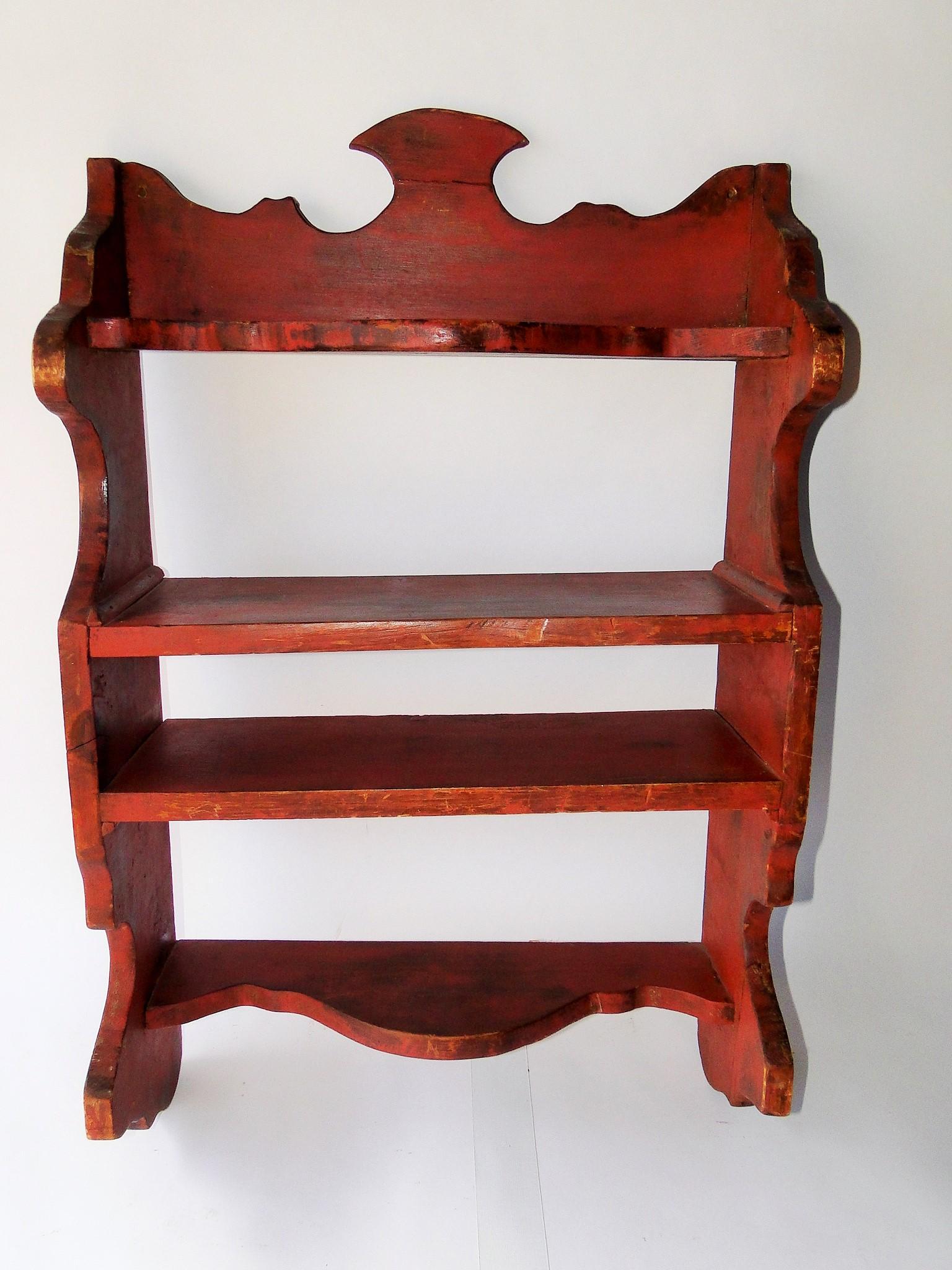 19TH C FOLK PAINTED RED SHELF, CUOUT SCROLLED TOP, (1 of 4)