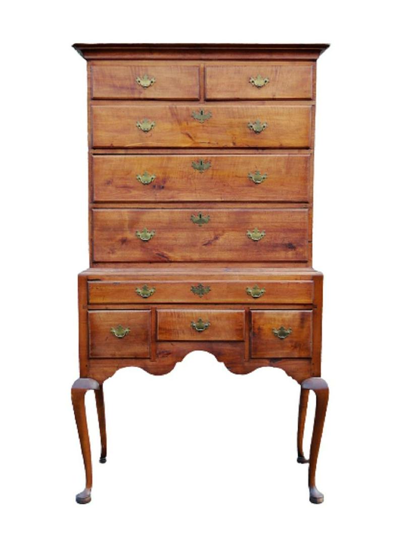 CIRCA 1730-1740 QUEEN ANNE TIGER MAPLE HIGHBOY CHEST, (1 of 8)