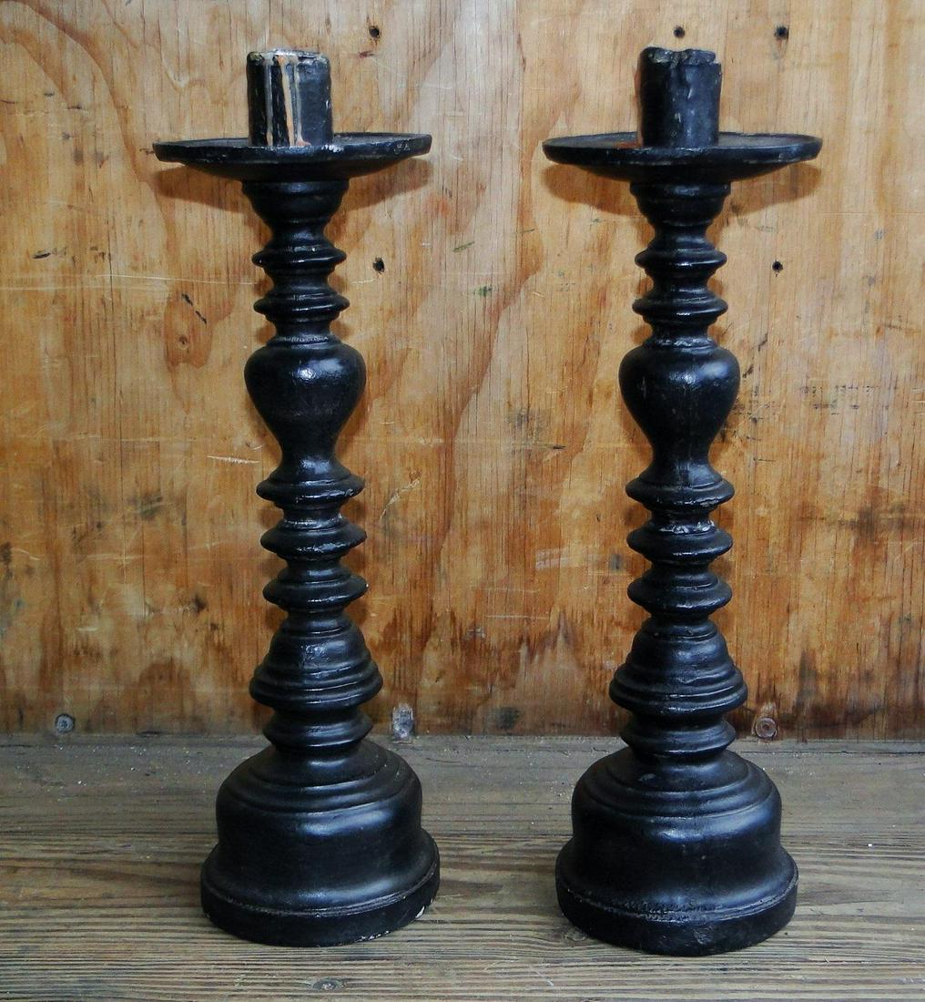 FINE PAIR 18TH C CARVED WOODEN CANDLESTICKS, OLD DRY (1 of 3)