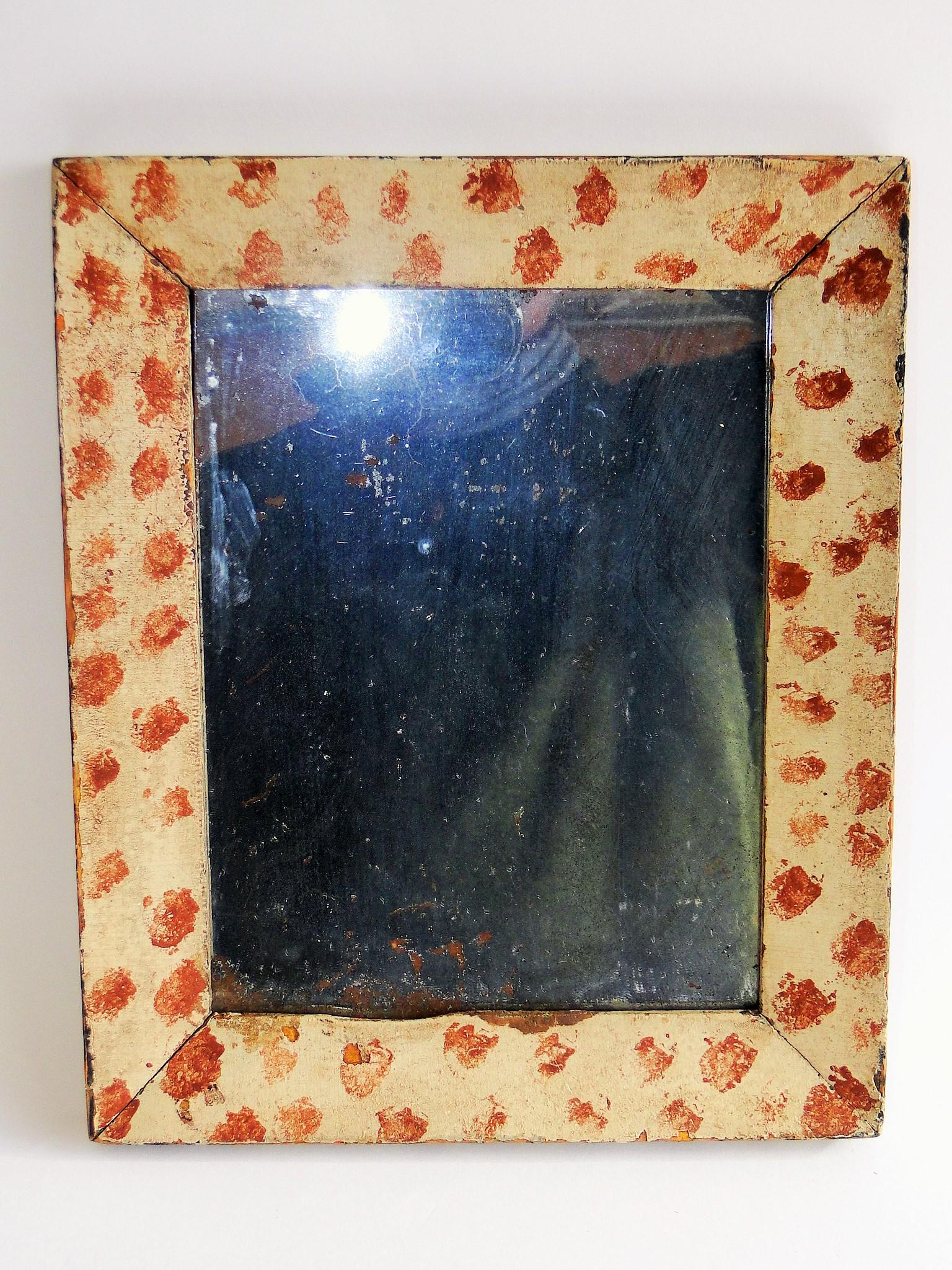 19TH C DECORATED MIRROR, RED DOT DECORATED, MAHOGANY (1 of 4)