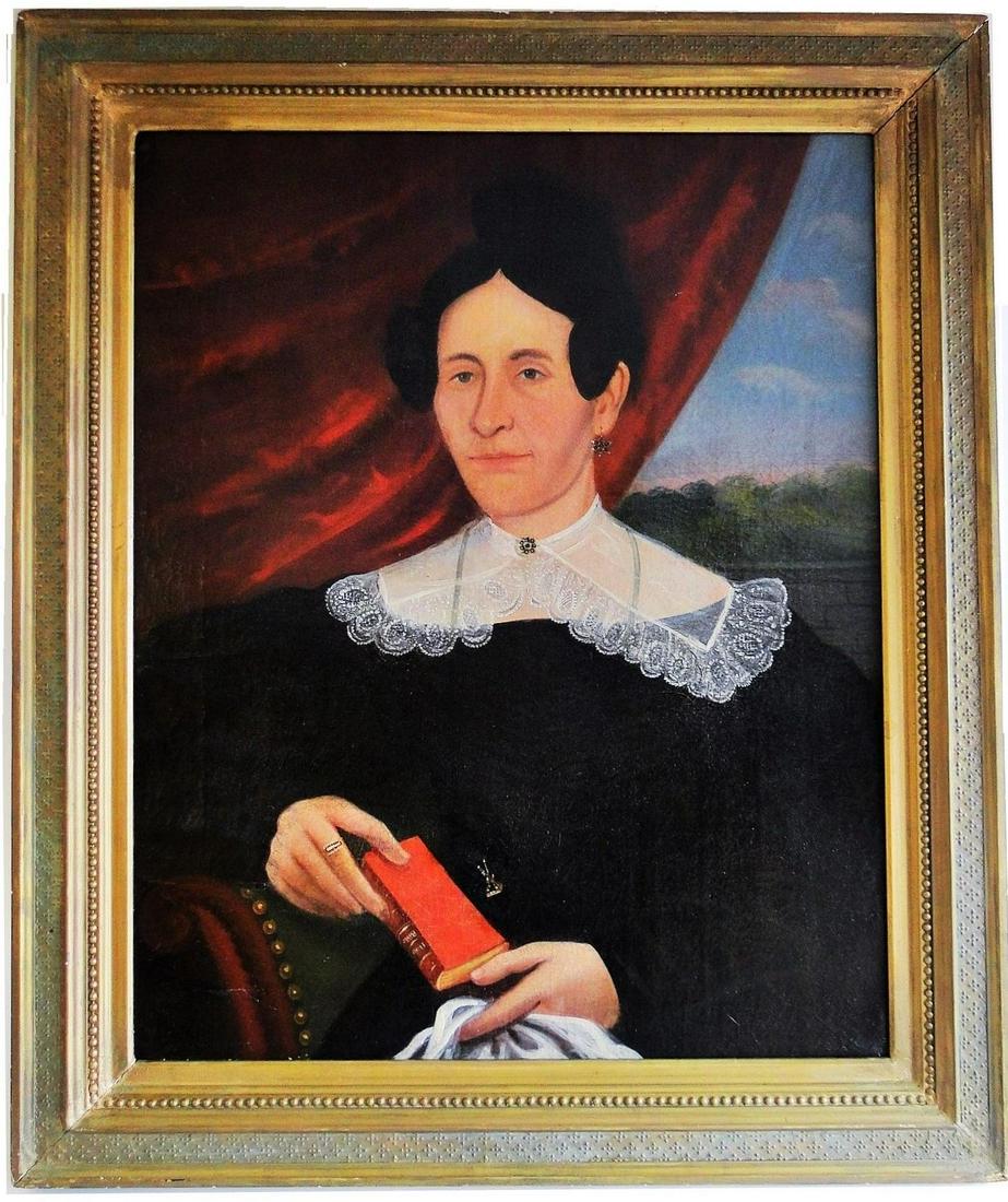 19TH C PORTRAIT OF A LADY HOLDING A BOOK SEATED AT A: 19TH C PORTRAIT OF A LADY HOLDING A BOOK SEATED AT A WINDOW, STRONG VIBRANT COLORS, 27 X 33