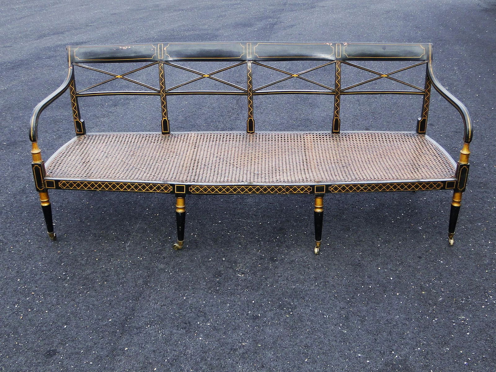 PAINT DECORATED SHERATON PERIOD BENCH, CANE SEAT, (1 of 7)