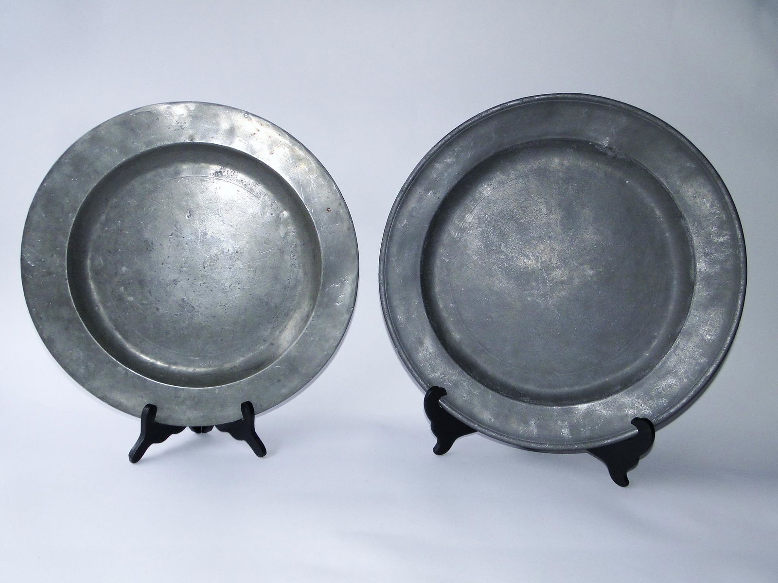 TWO 19TH C PEWTER CHARGERS, 16.5", 18" (1 of 3)