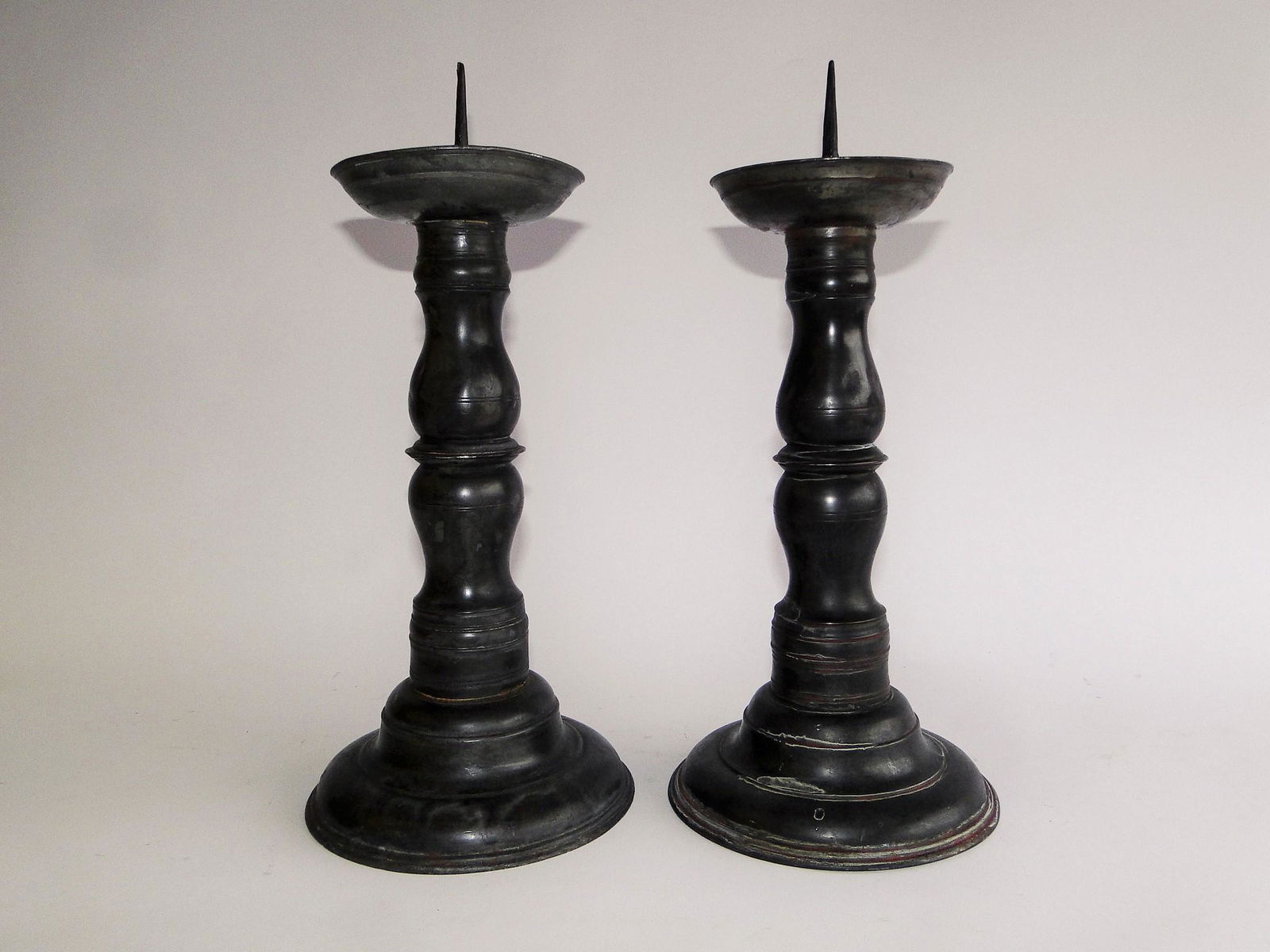 PAIR PEWTER PRICKET CANDLESTICKS, VERY EARLY, PERIOD, (1 of 5)