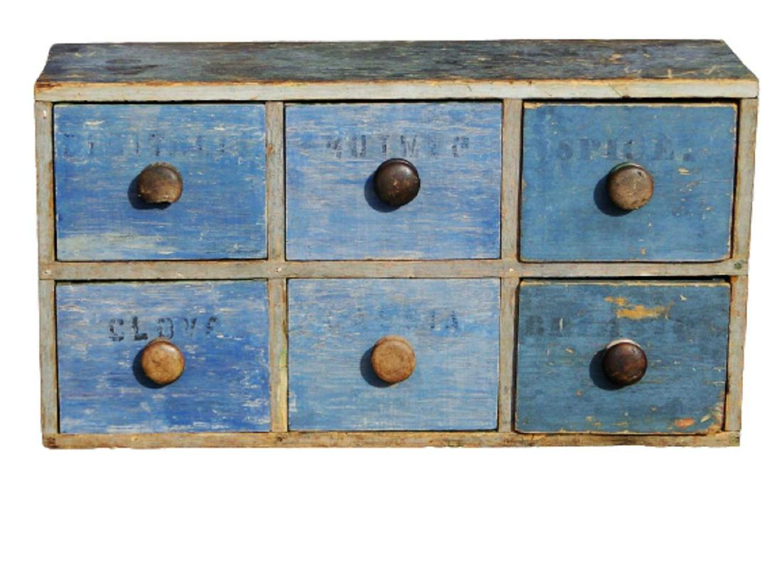 19TH C SIX DRAWER PAINTED APOTHECARY, ORIGINAL BLUE (1 of 8)
