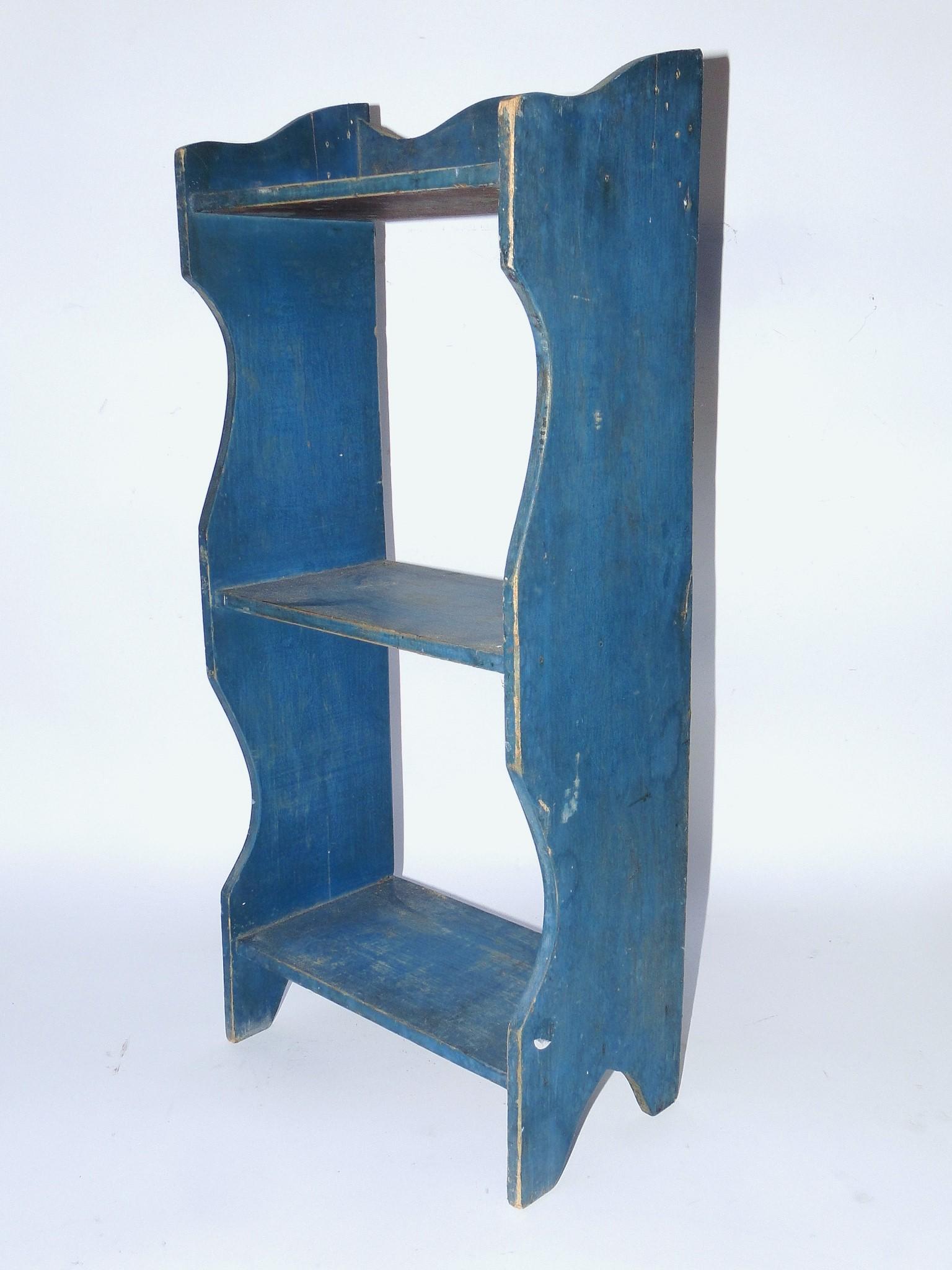 19TH C BLUE PAINTED SHELF, WALL SHELF FOR HANGING OR (1 of 3)