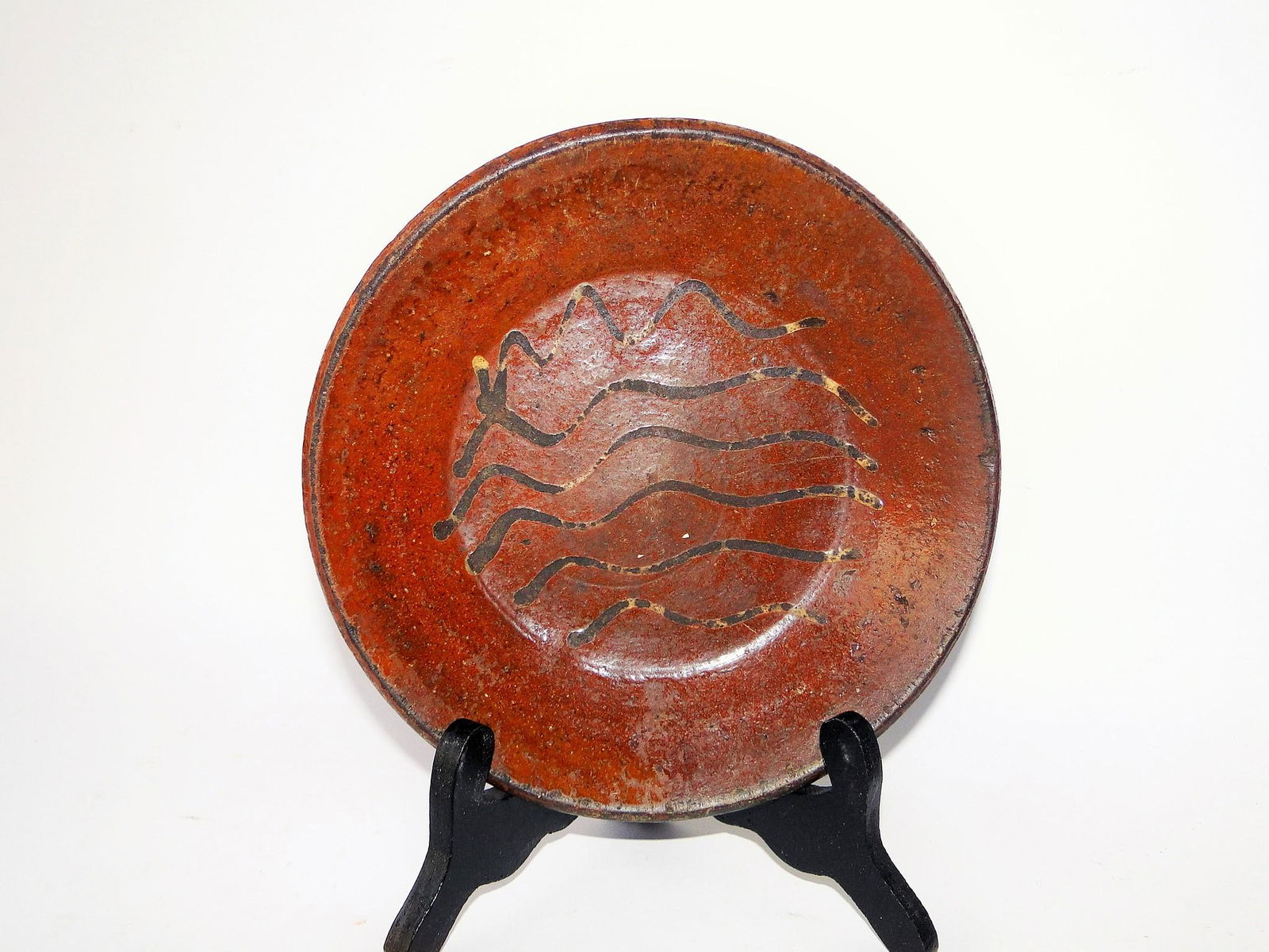 EARLY REDWARE DECORATED REDWARE PLATE, 8.5", REMNANTS (1 of 3)