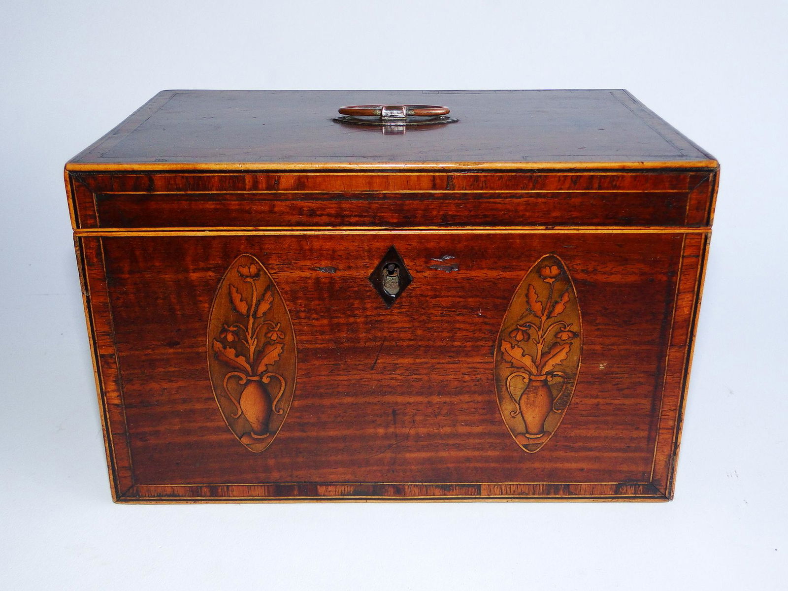 19TH C MAHOGANY INLAID TEA CADDY WITH FLORAL URNS TO (1 of 5)