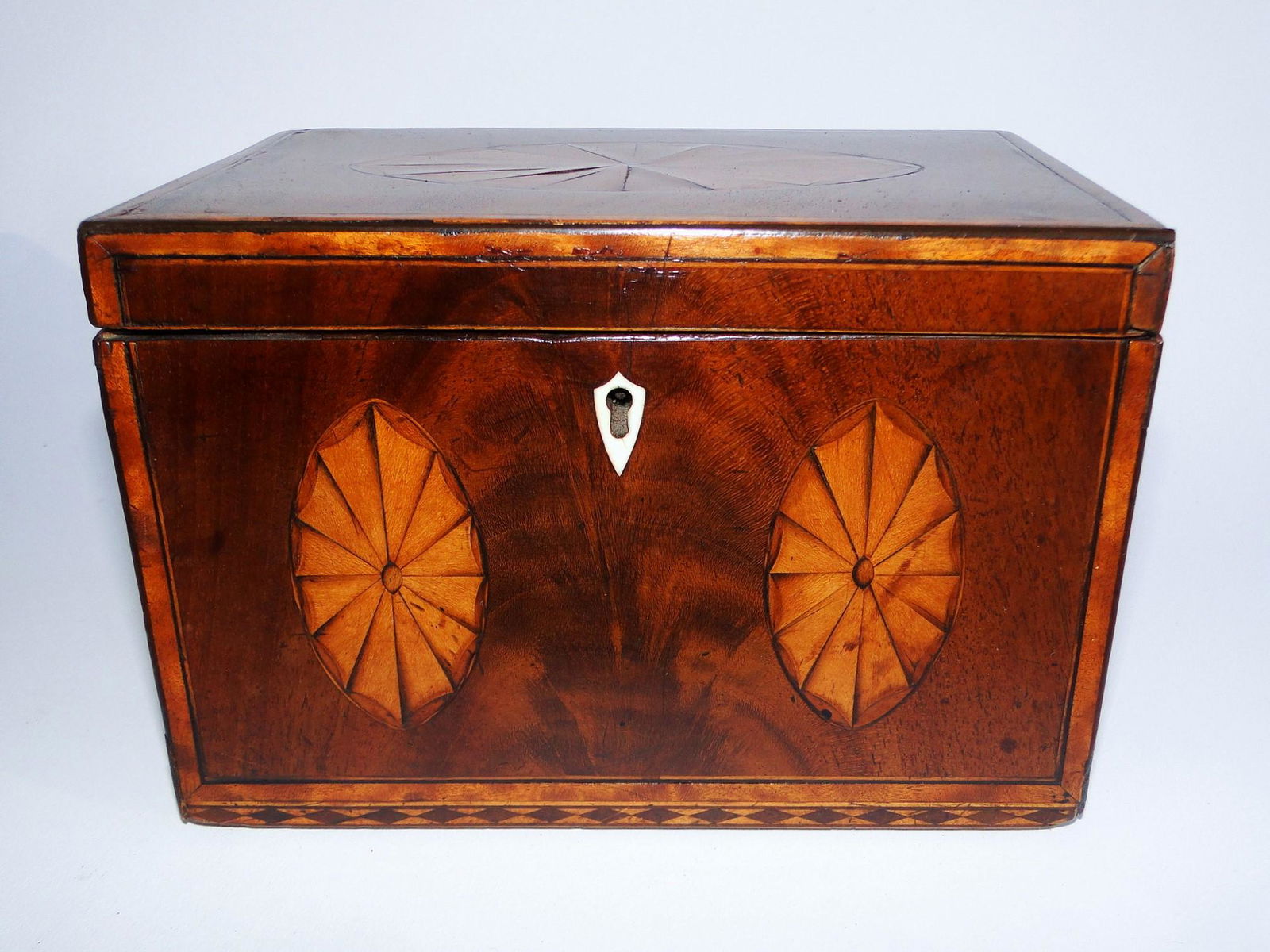 19TH C INLAID MAHOGANY TEA CADDY EXHIBITING TWO (1 of 6)