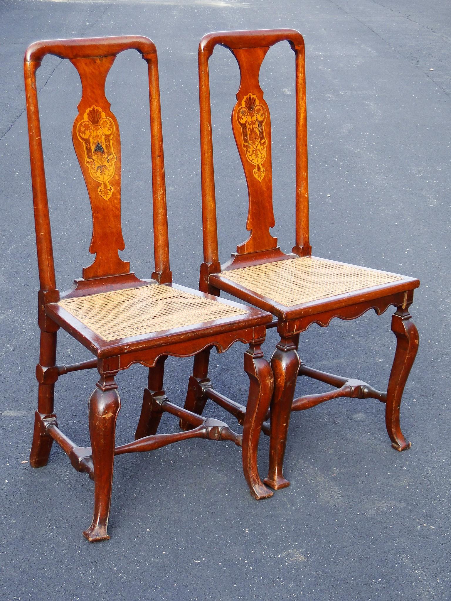 PAIR EARLY DUTCH QUEEN ANNE CHAIRS, CABRIOLE LEGS, (1 of 5)