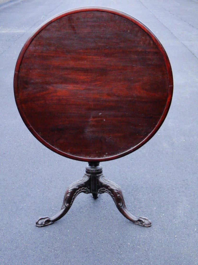 C. 1800 BALL AND CLAW FOOT TILT TEA TABLE, MAHOGANY,: C. 1800 BALL AND CLAW FOOT TILT TEA TABLE, MAHOGANY, EXUBERANTLY CARVED SHAFT, 33 X 27