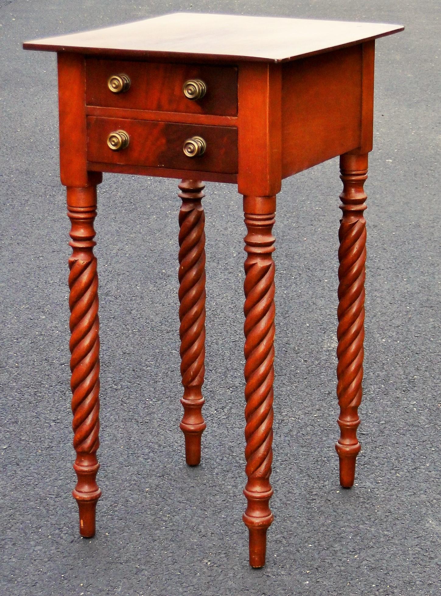 C. 1820 DIMINUTIVE TWO DRAWER TABLE, ROPE CARVED LEGS, (1 of 3)