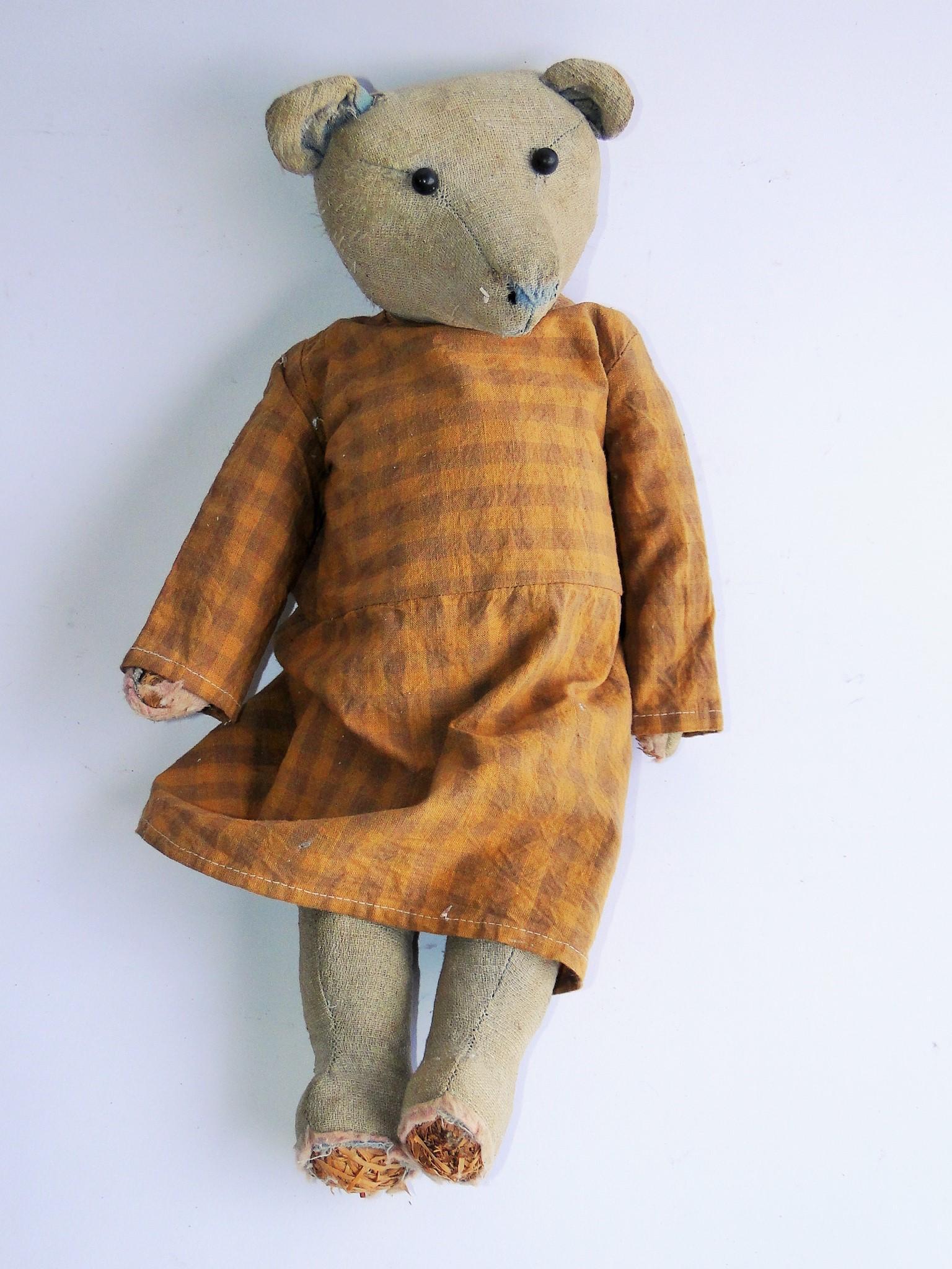 EARLY STRAW FILLED MAMA TEDDY BEARTACK EYED, GINGHAM (1 of 3)