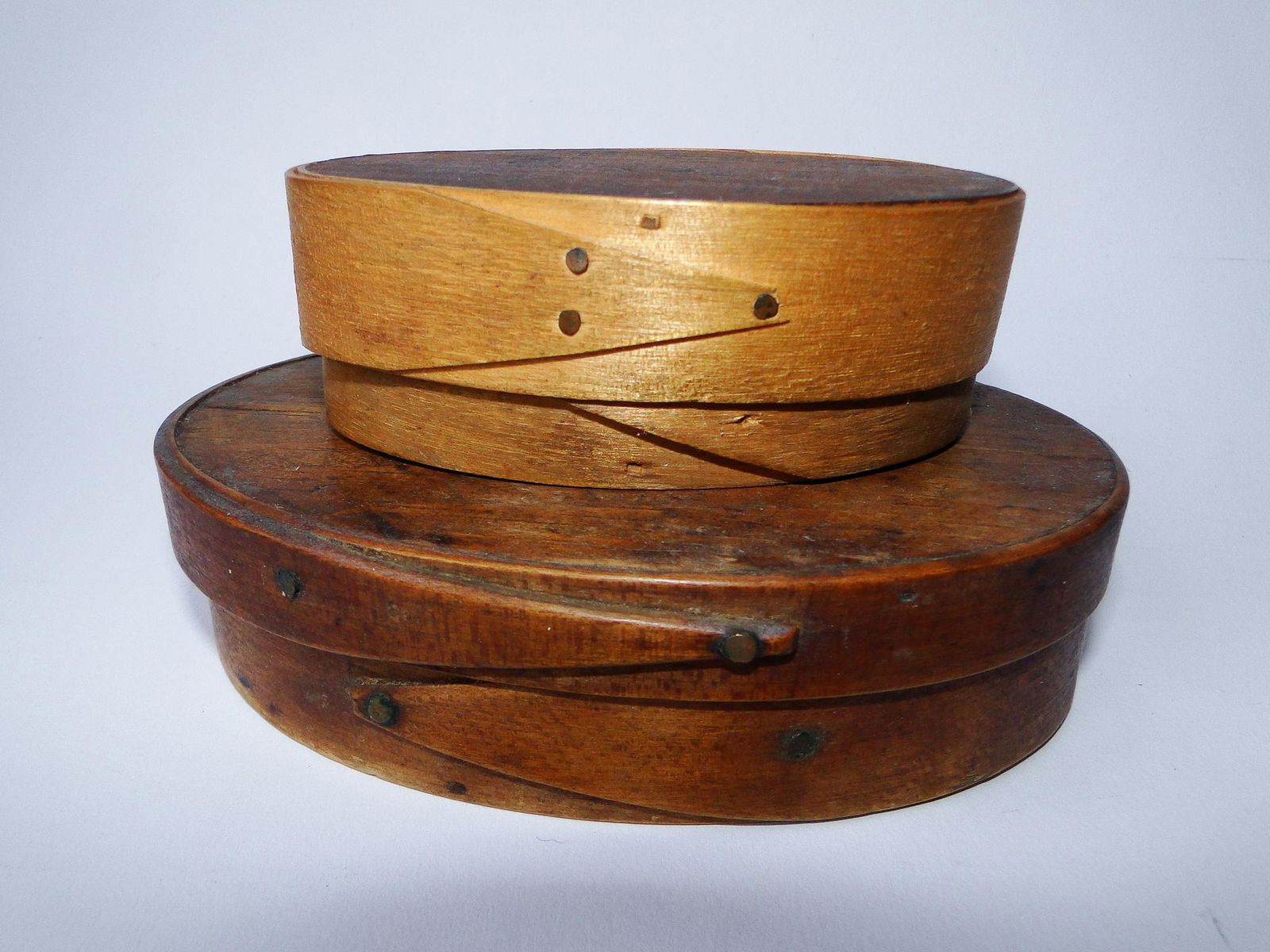 TWO 19TH C OVAL PANTRY BOXES, ONE MARKED "FIGS". 4 X 5, (1 of 4)