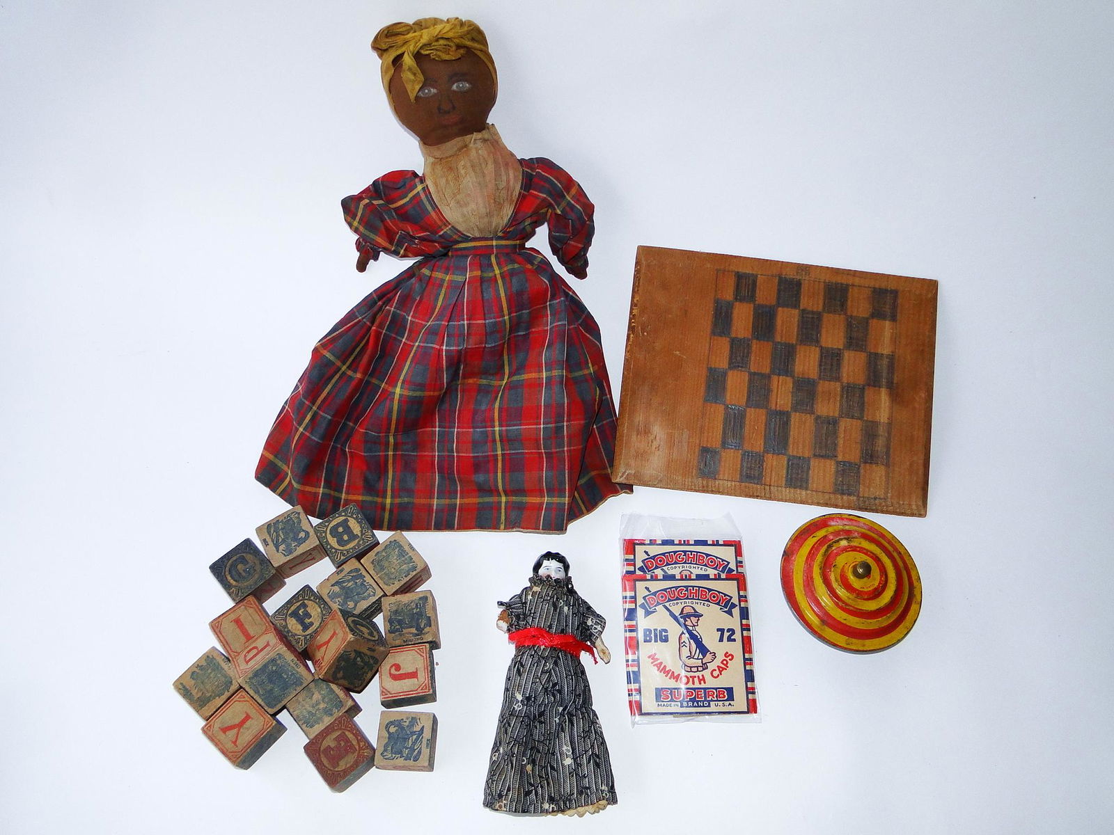 GROUPING OF SMALL TOYS, TOPSEY TURVEY DOLL, BLOCKS, RED (1 of 3)