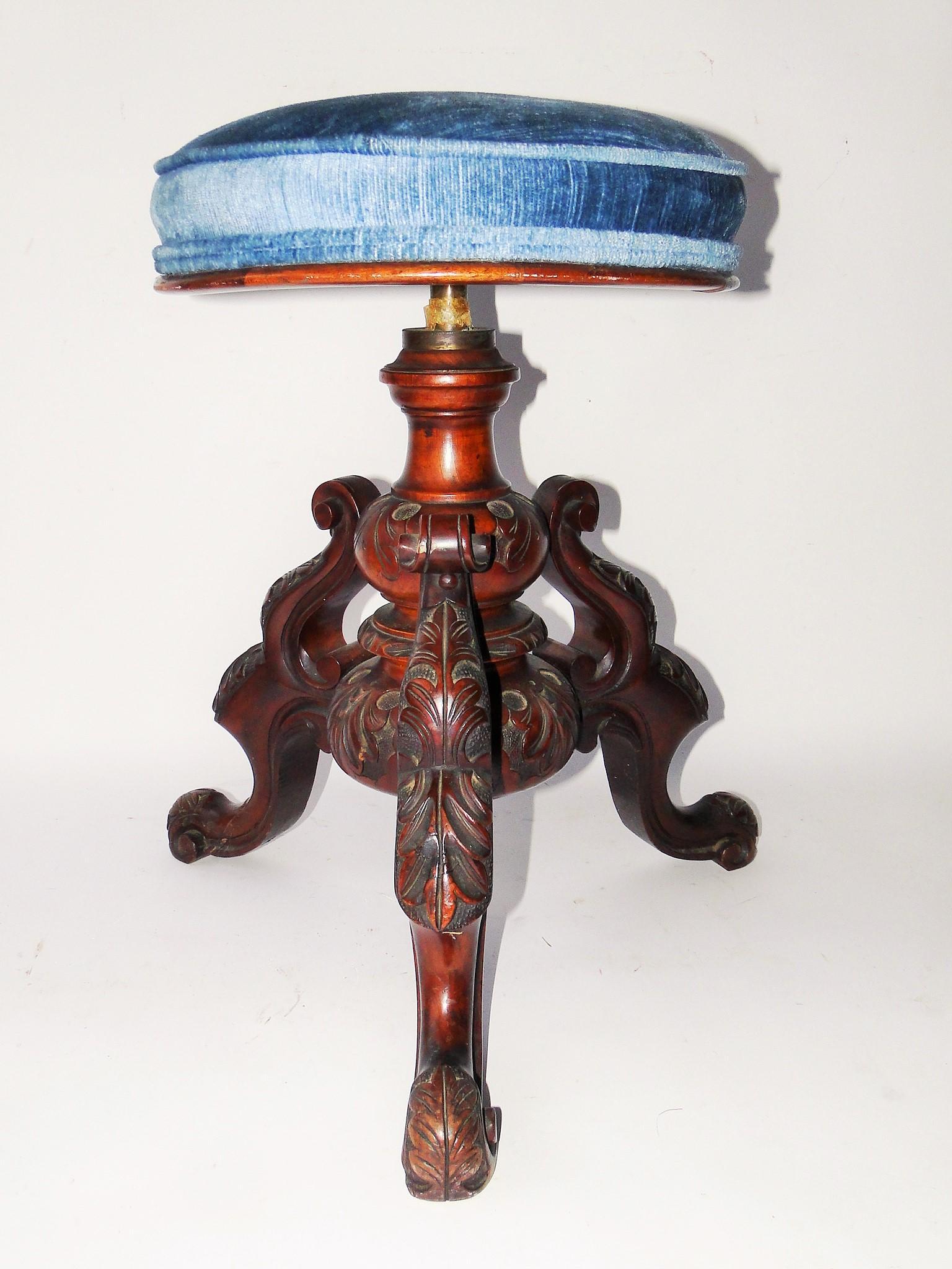 19TH C VICTORIAN ADJUSTABLE STOOL, CARVED STOOL, GOOD (1 of 4)