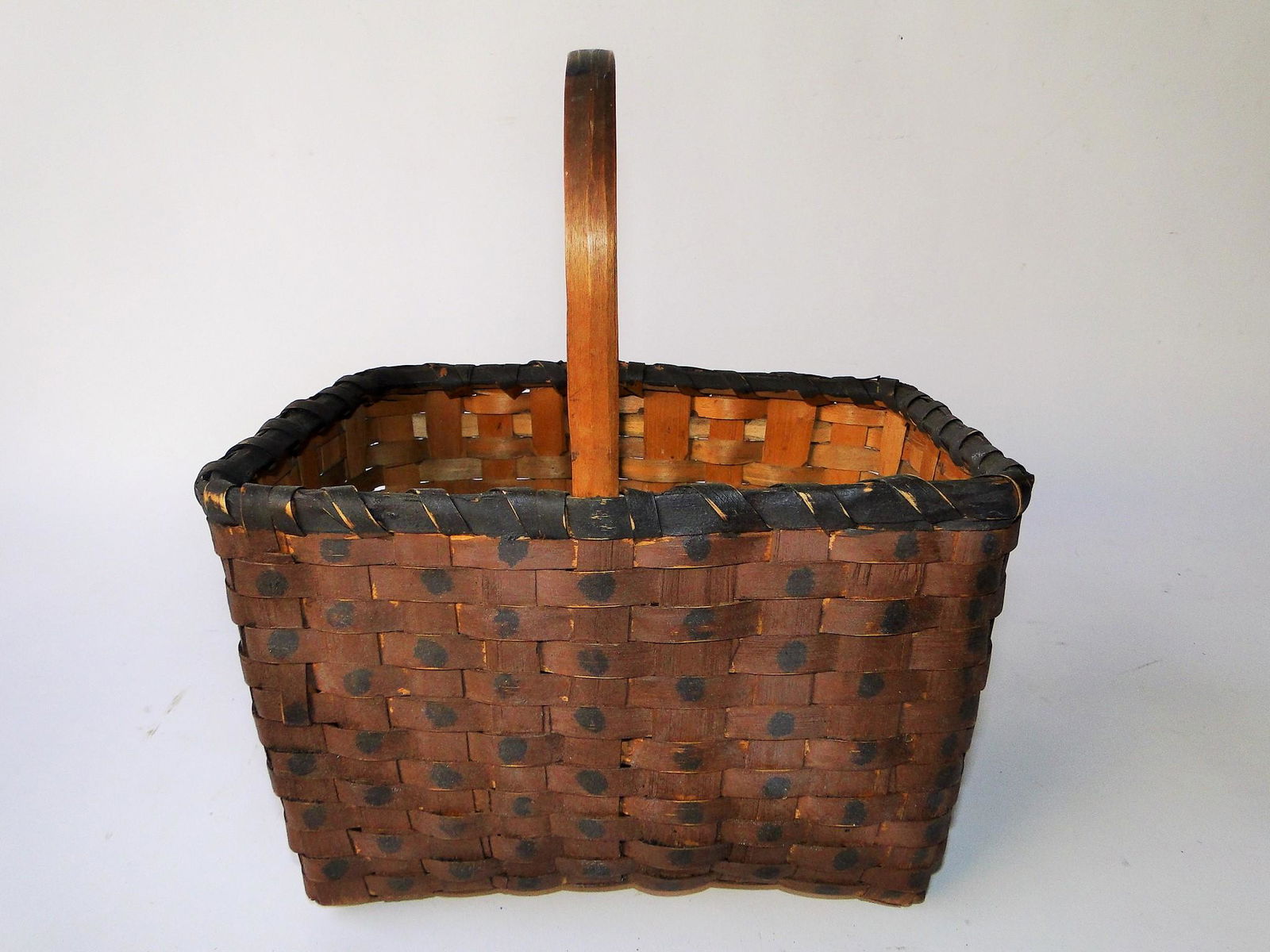 LARGE DECORATED HANDLED BASKET, DARK RED PAINT WITH (1 of 4)