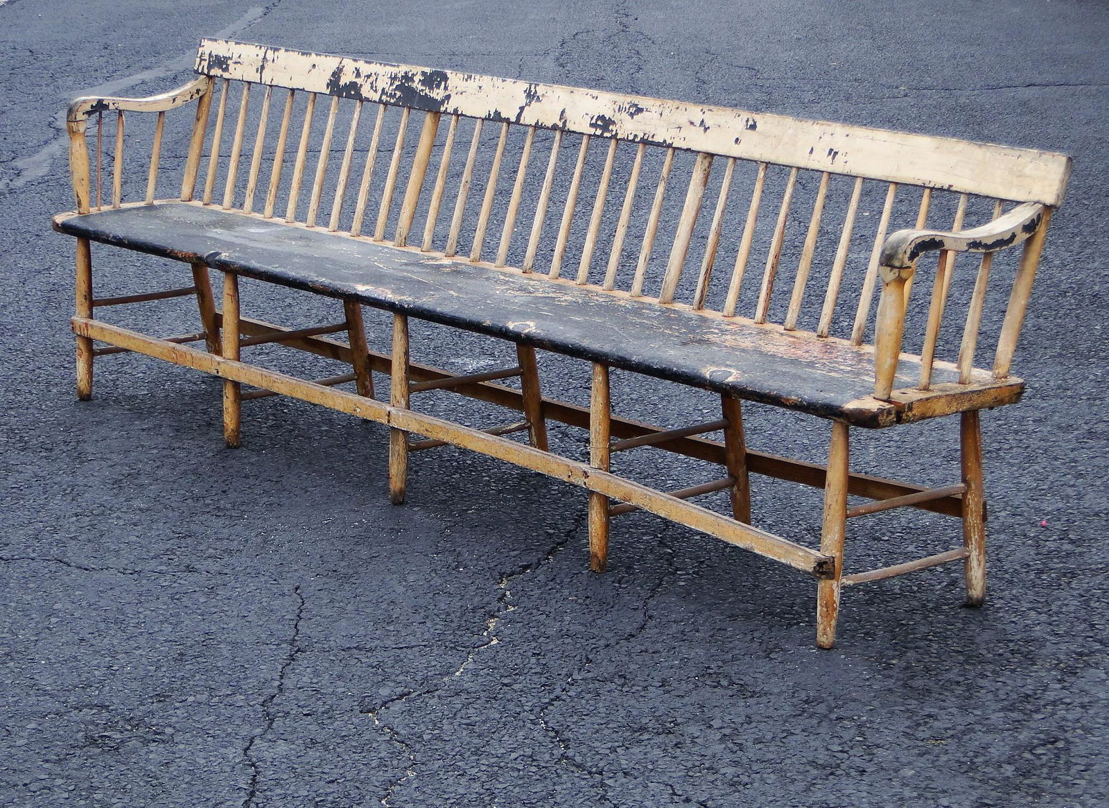 19TH C PAINTED WINDSOR BENCH, 106 X 31 X 17 SEAT (1 of 2)