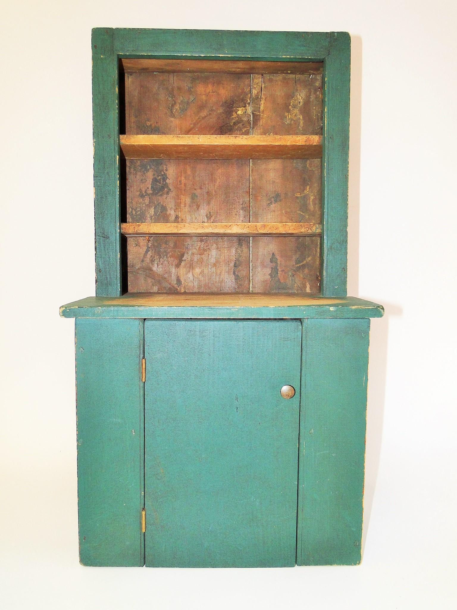 19TH C CHILD'S STEPBACK CUPBOARD, OLD SEA GREEN PAINT, (1 of 5)