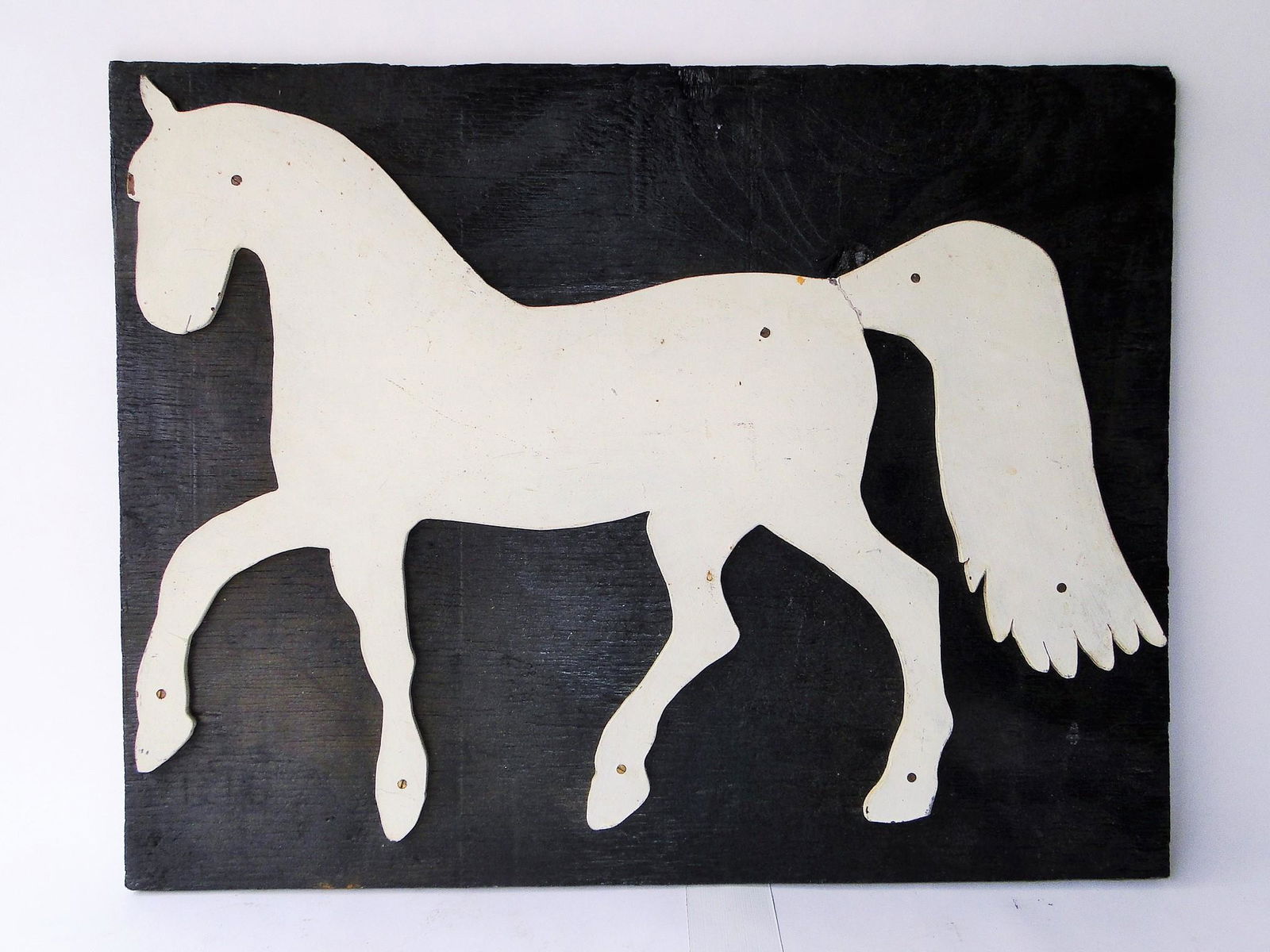 WHITE PAINTED PRANCING HORSE ON BLACK PLAQUE, 19 X 24 (1 of 2)