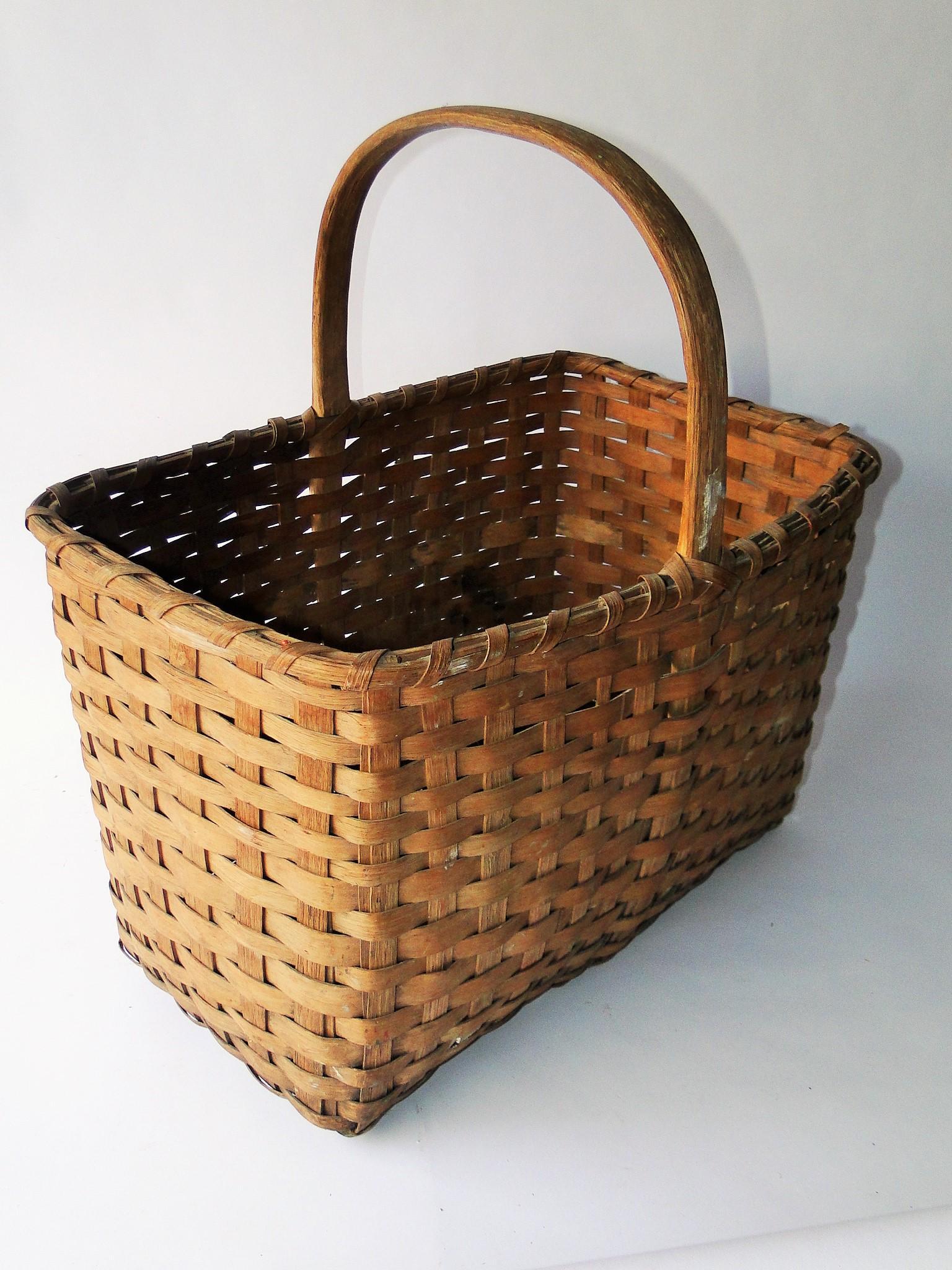 19TH C DEEP RECTANGULAR BASKET, FIXED HANDLE, UNUSUAL (1 of 3)