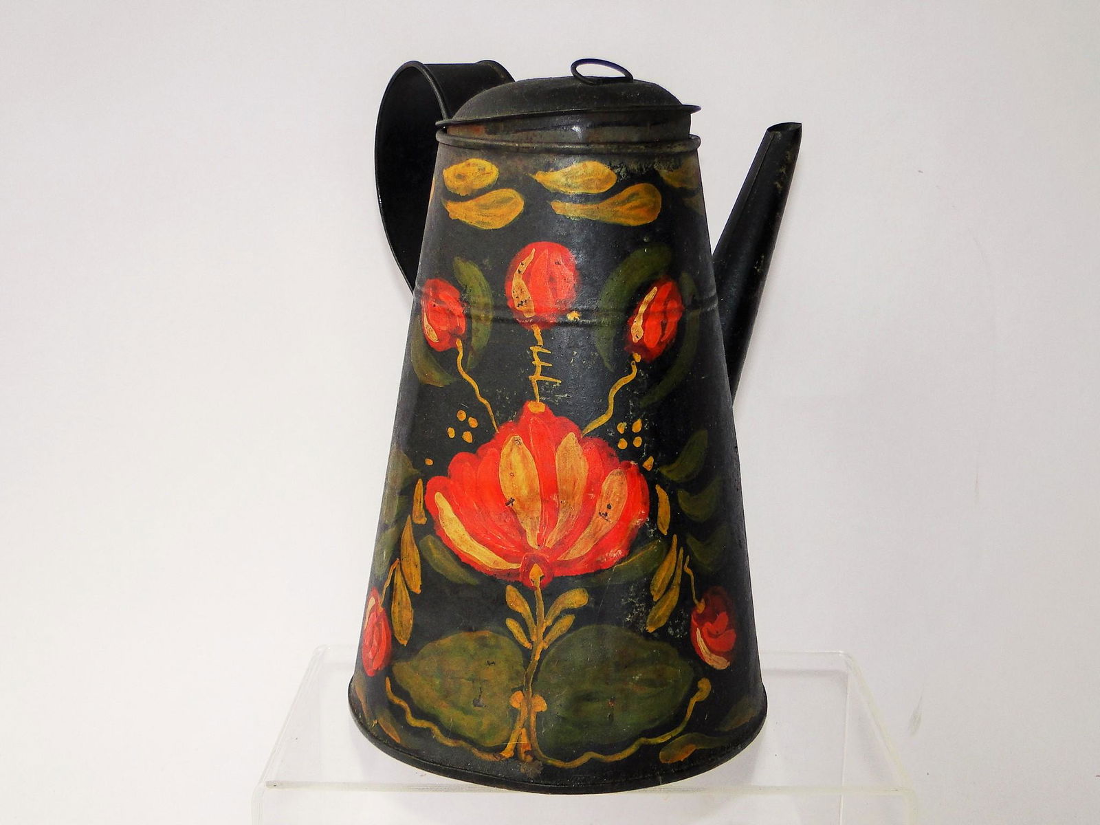 19TH C TOLEWARE PAINT DEORATED COFFEE POT 8" (1 of 5)