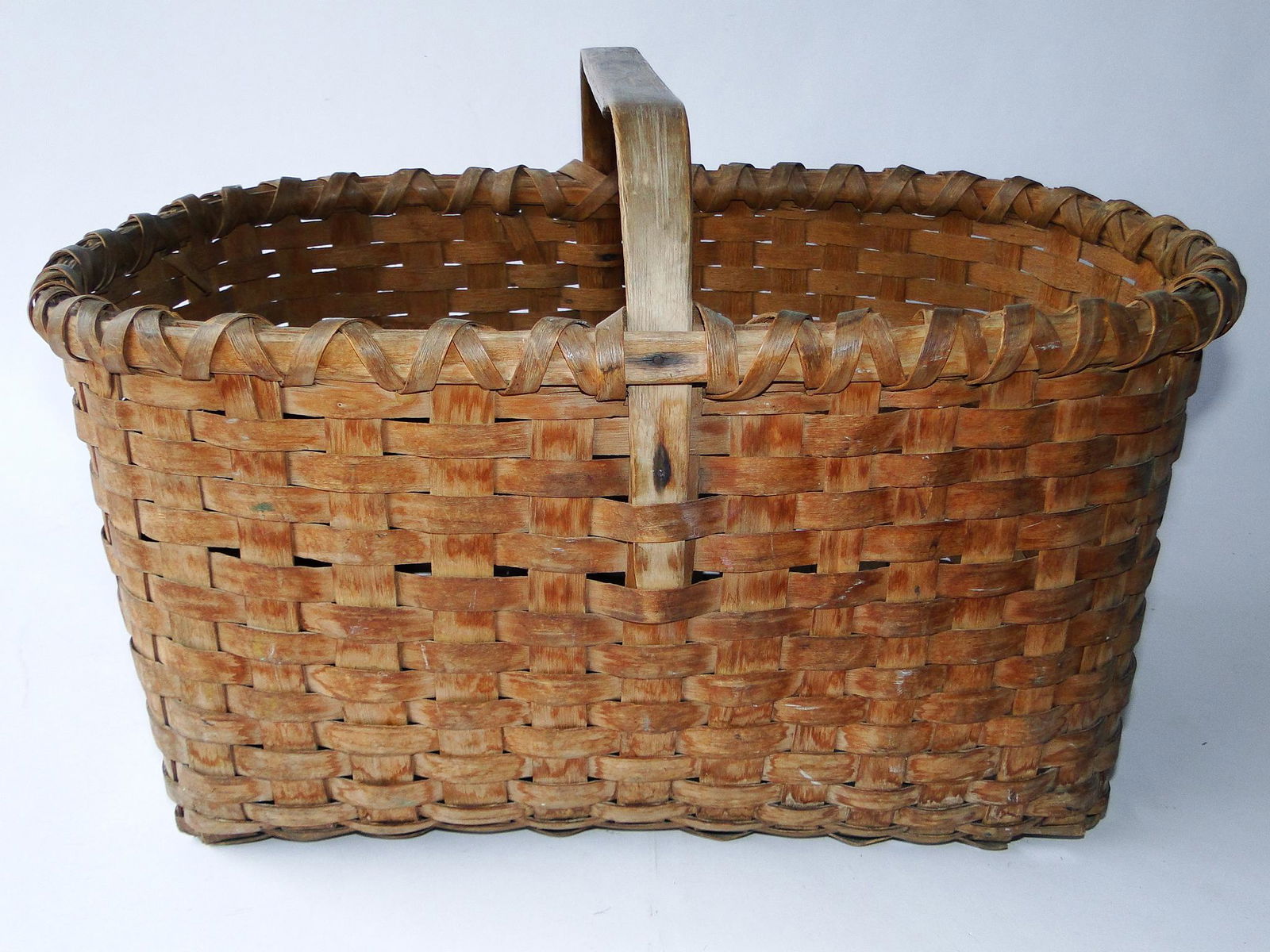 19TH C SHORT HANDLED OVAL BASKET, GOOD COLOR, DEEP, 18 (1 of 3)