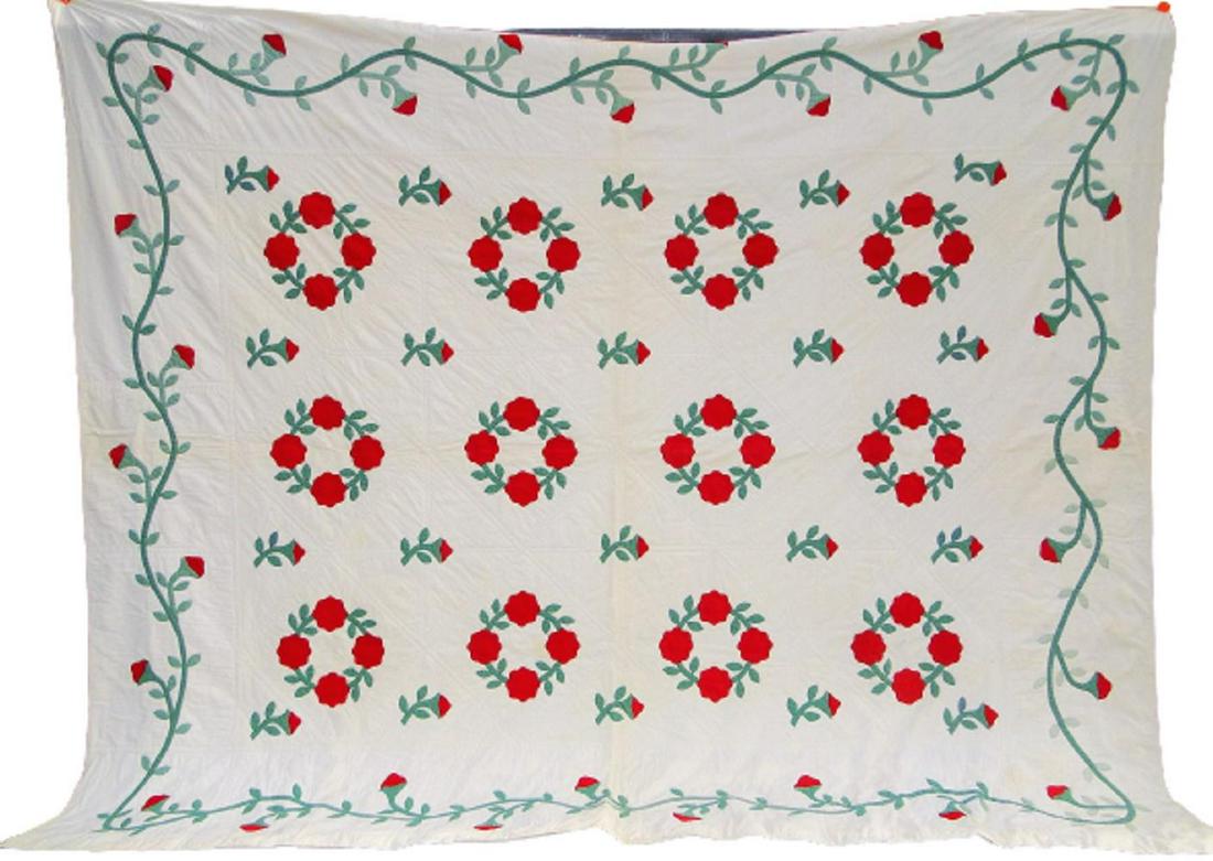 19TH C QUILT ROSE WREATH TRAILING BUD AND VINE BORDER, (1 of 2)