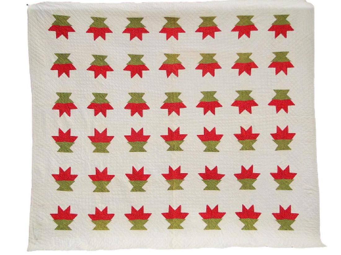 CACTUS BASKET QUILT, PIECED COTTON OF RED AND GREEN (1 of 2)
