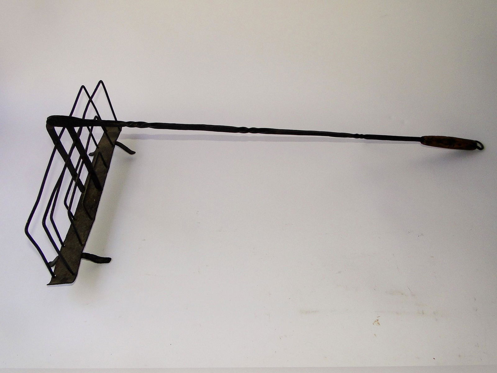 18TH C WROUGHT IRON TOASTER, LONG HANDLED, 30 X 12 (1 of 2)