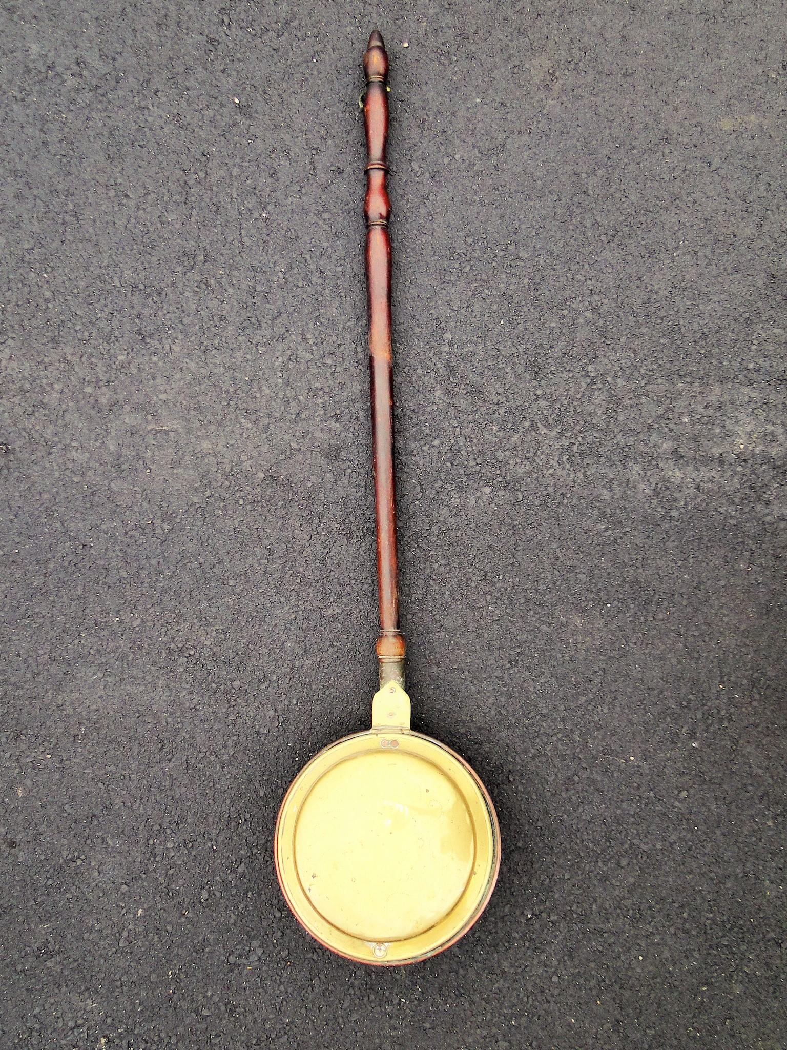 EARLY LONG HANDLED BED WARMER, BRAAS, WOOD HANDLE, 43" (1 of 2)