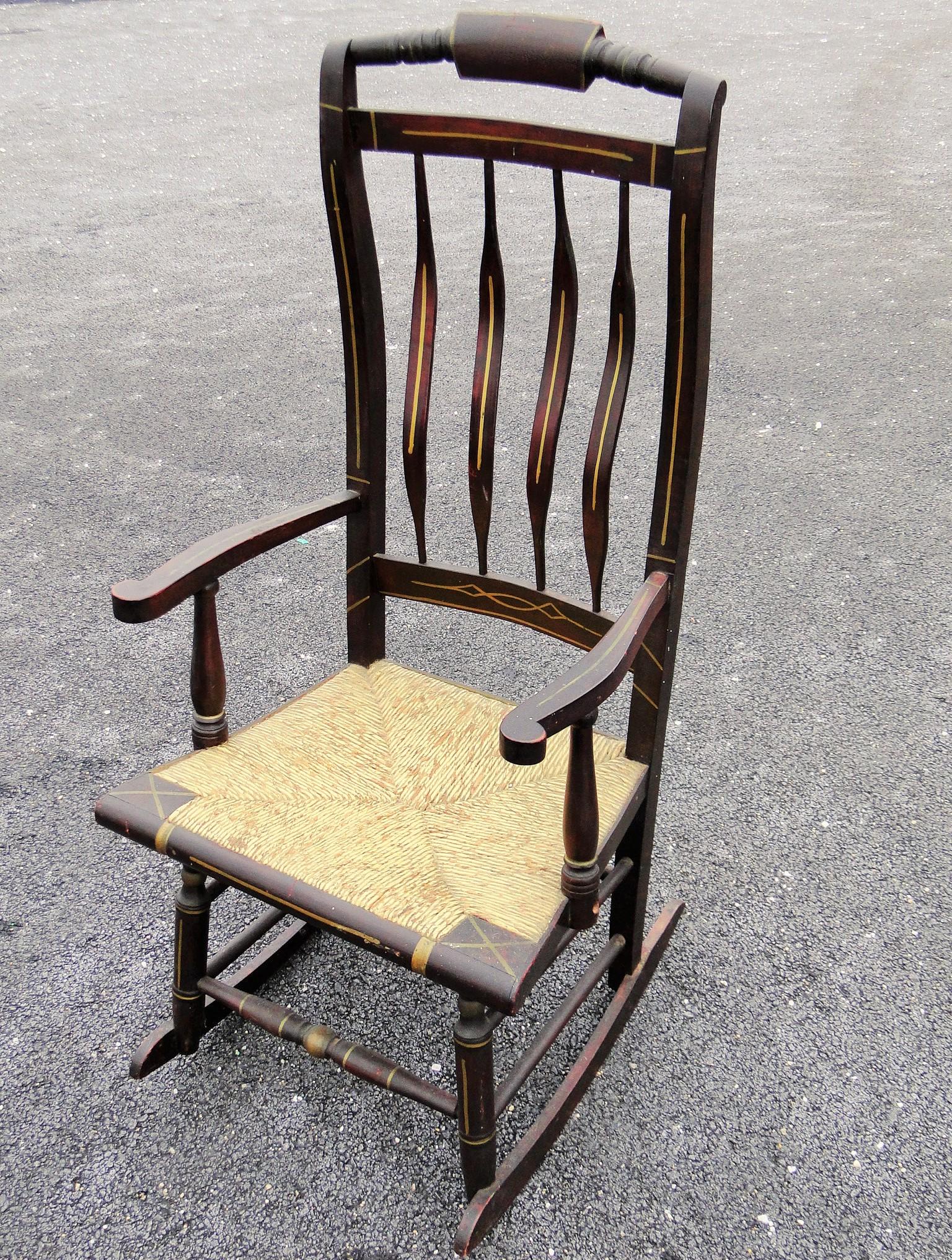 19TH C PAINT DECORATED ARROWBACK ROCKER 42 X 20 X 15 (1 of 2)